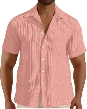 Casual Shirts for Men Summer Loose Fashion Button Down Shirts Vacation Solid Pleated Lapel Short Sleeve Top Clothes