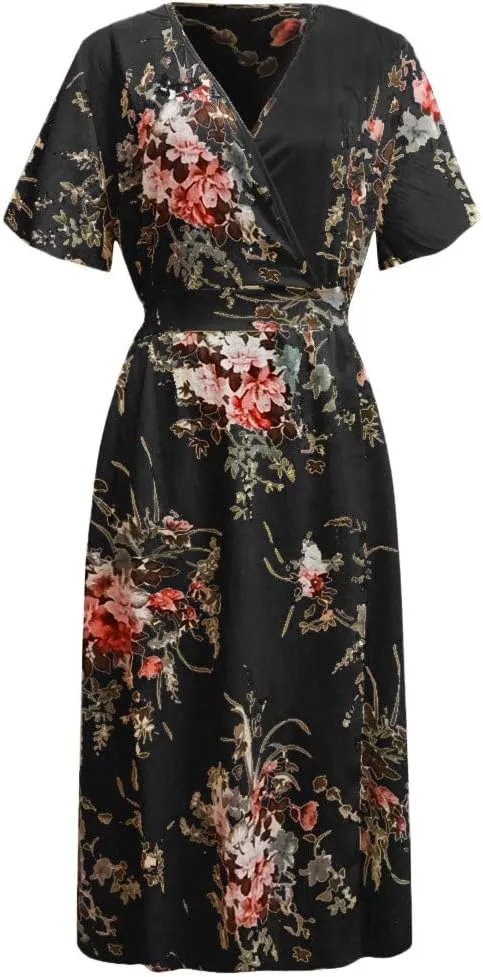 Casual Summer Dresses for Women 2025,Womens Plus Size Wedding Guest Dress Short Sleeve Floral Printed Maxi Dresses