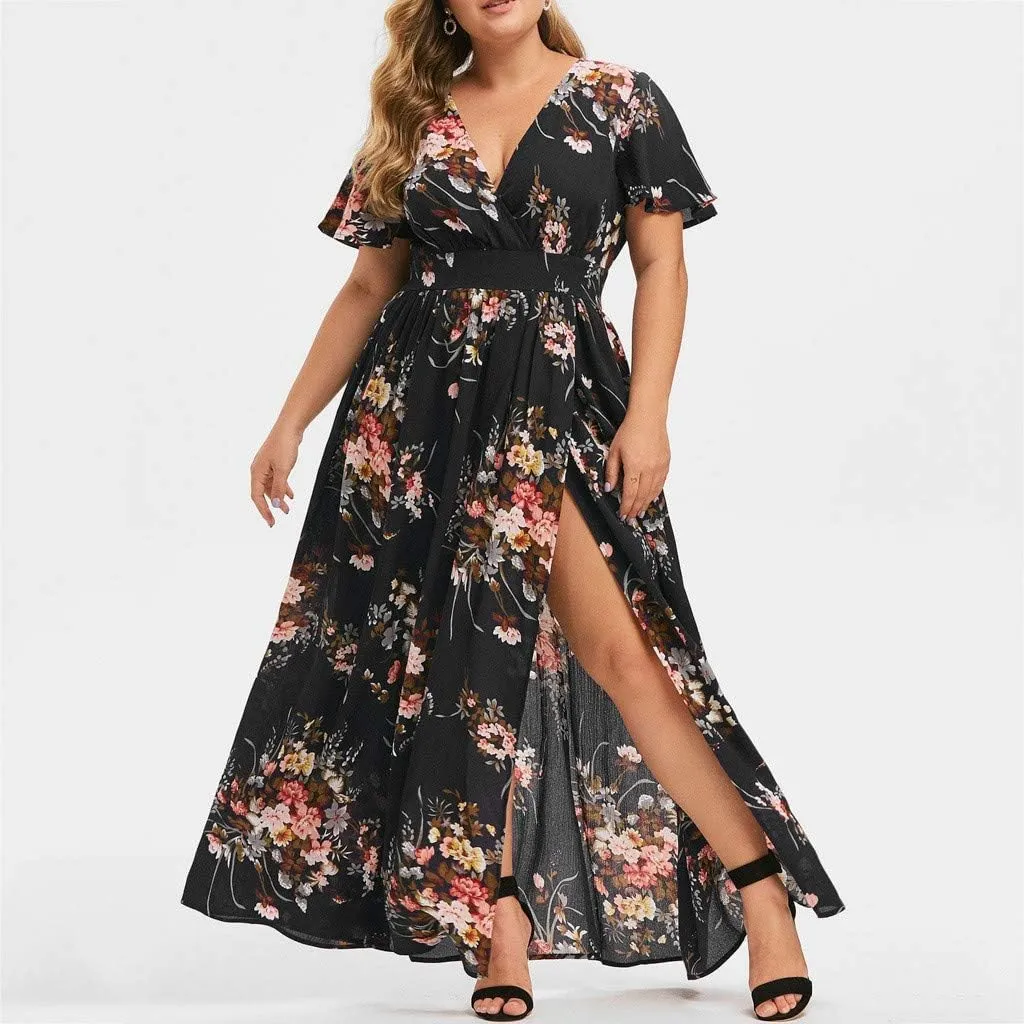 Casual Summer Dresses for Women 2025,Womens Plus Size Wedding Guest Dress Short Sleeve Floral Printed Maxi Dresses
