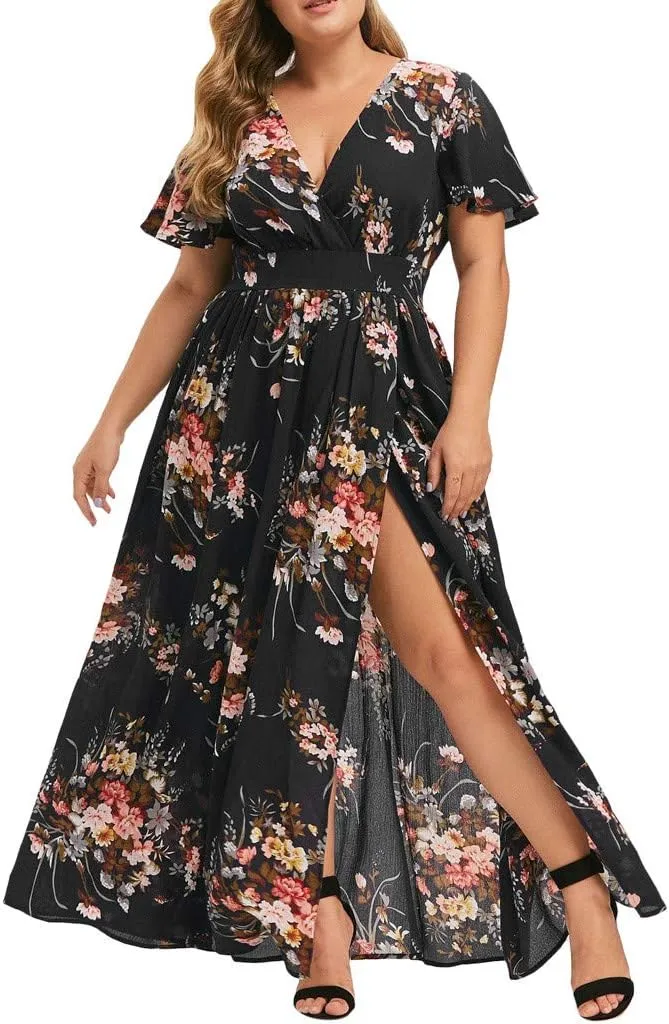 Casual Summer Dresses for Women 2025,Womens Plus Size Wedding Guest Dress Short Sleeve Floral Printed Maxi Dresses
