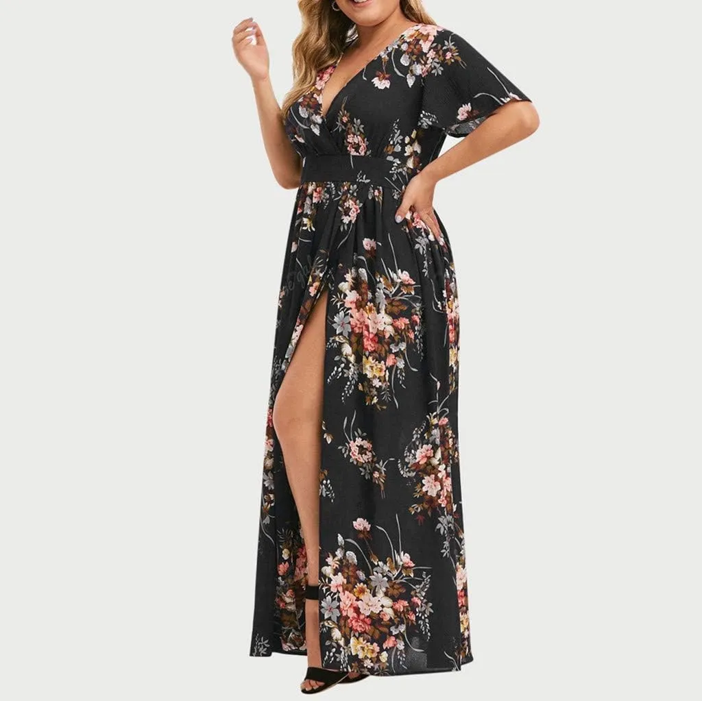 Casual Summer Dresses for Women 2025,Womens Plus Size Wedding Guest Dress Short Sleeve Floral Printed Maxi Dresses