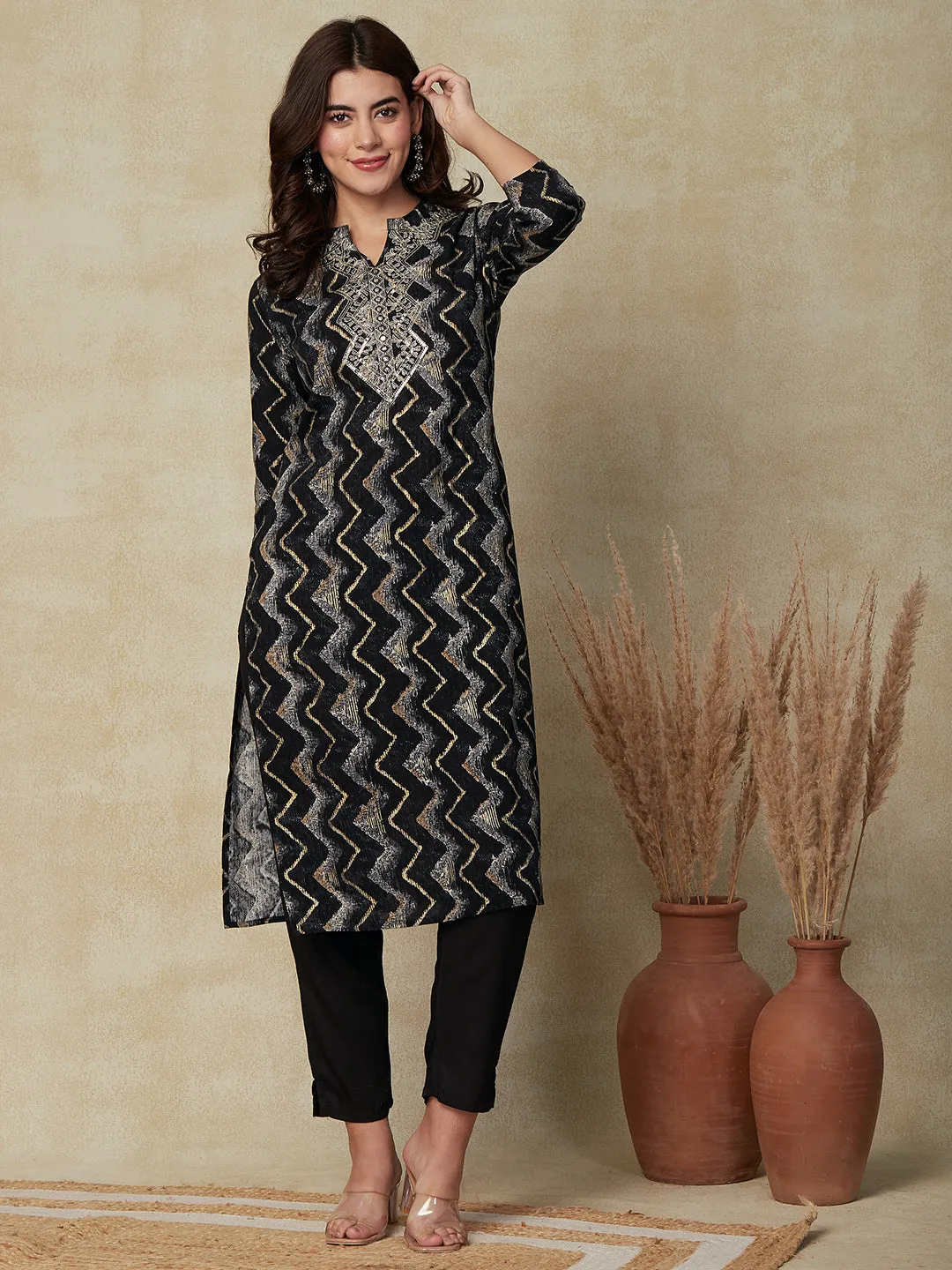 Chevron Printed Mirror Embroidered Kurta with Pants & Dupatta - Black