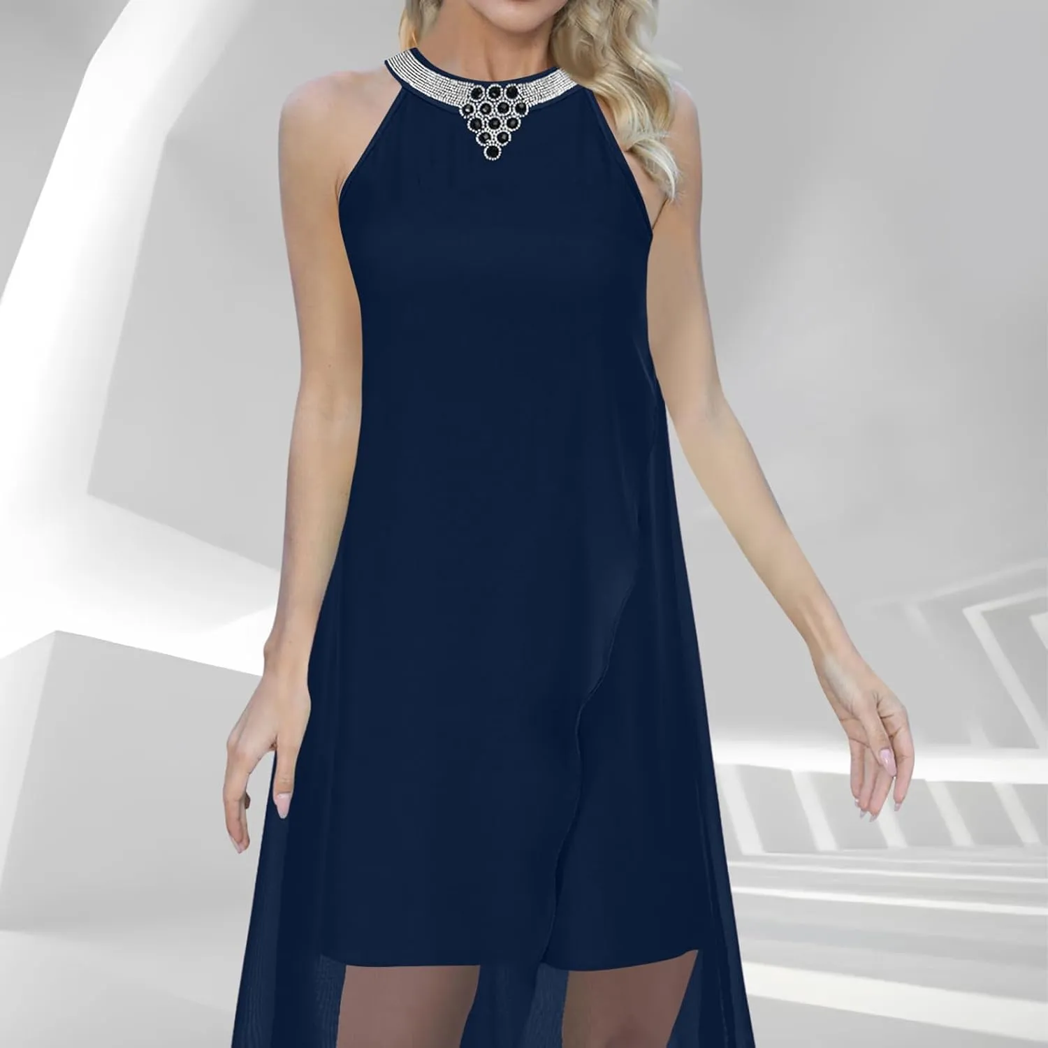 Chiffon Halter Dress for Women Dressy Tiered Evening Cocktail Party Dress Plus Size Choker Neck Swing Midi Sundress