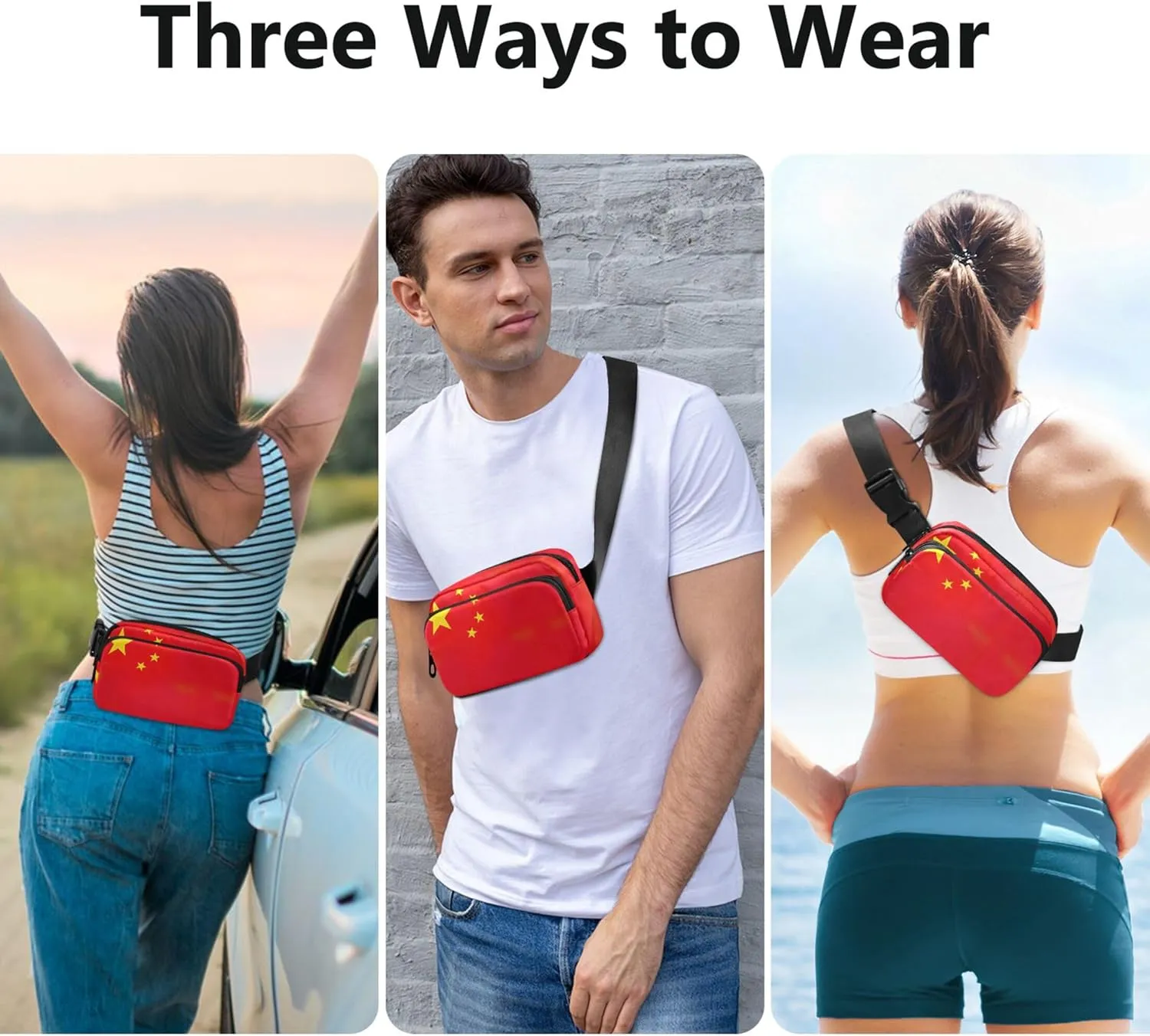 Chinese Five Starred Red Flag Waterproof Womens Fanny Pack Belt Bags Hip Pack Bright Color Crossbody Waist Pack
