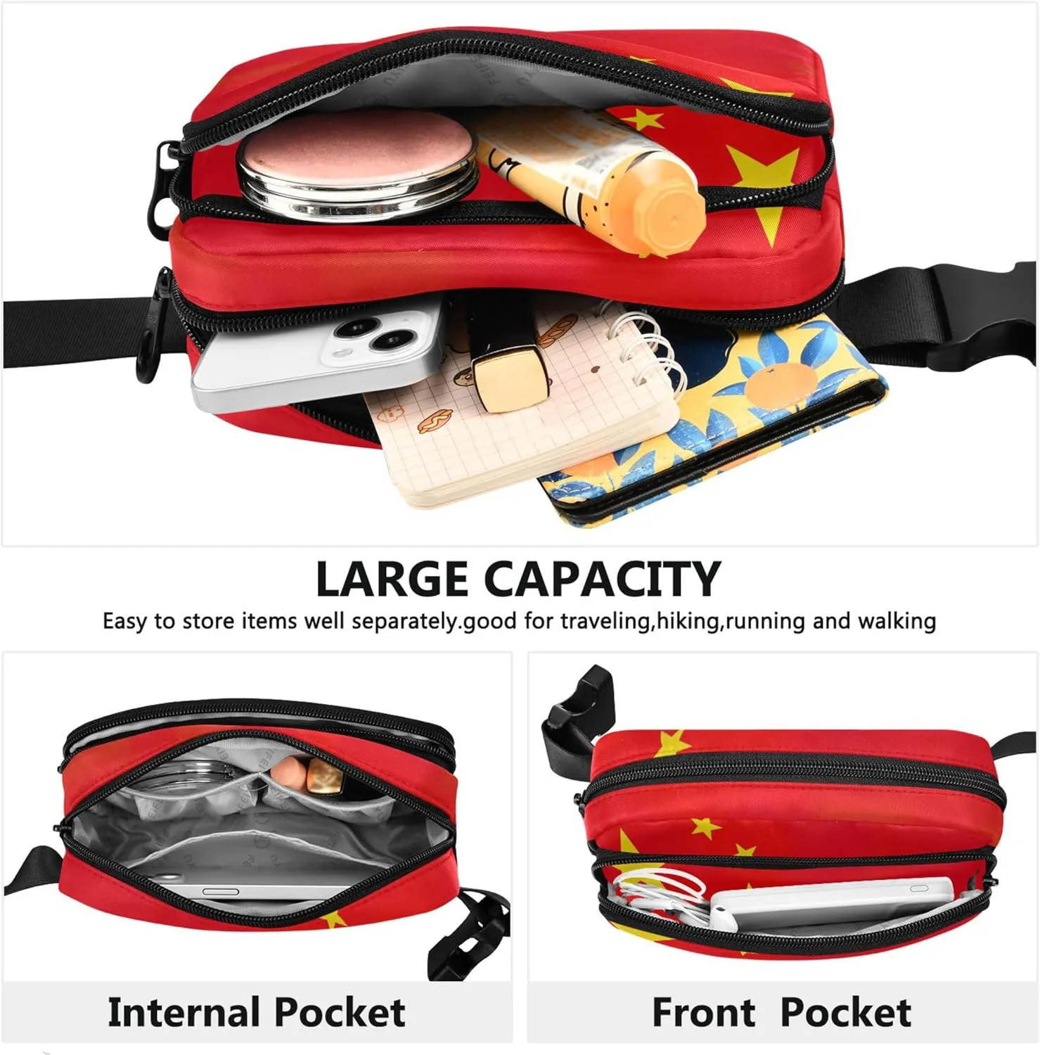 Chinese Five Starred Red Flag Waterproof Womens Fanny Pack Belt Bags Hip Pack Bright Color Crossbody Waist Pack