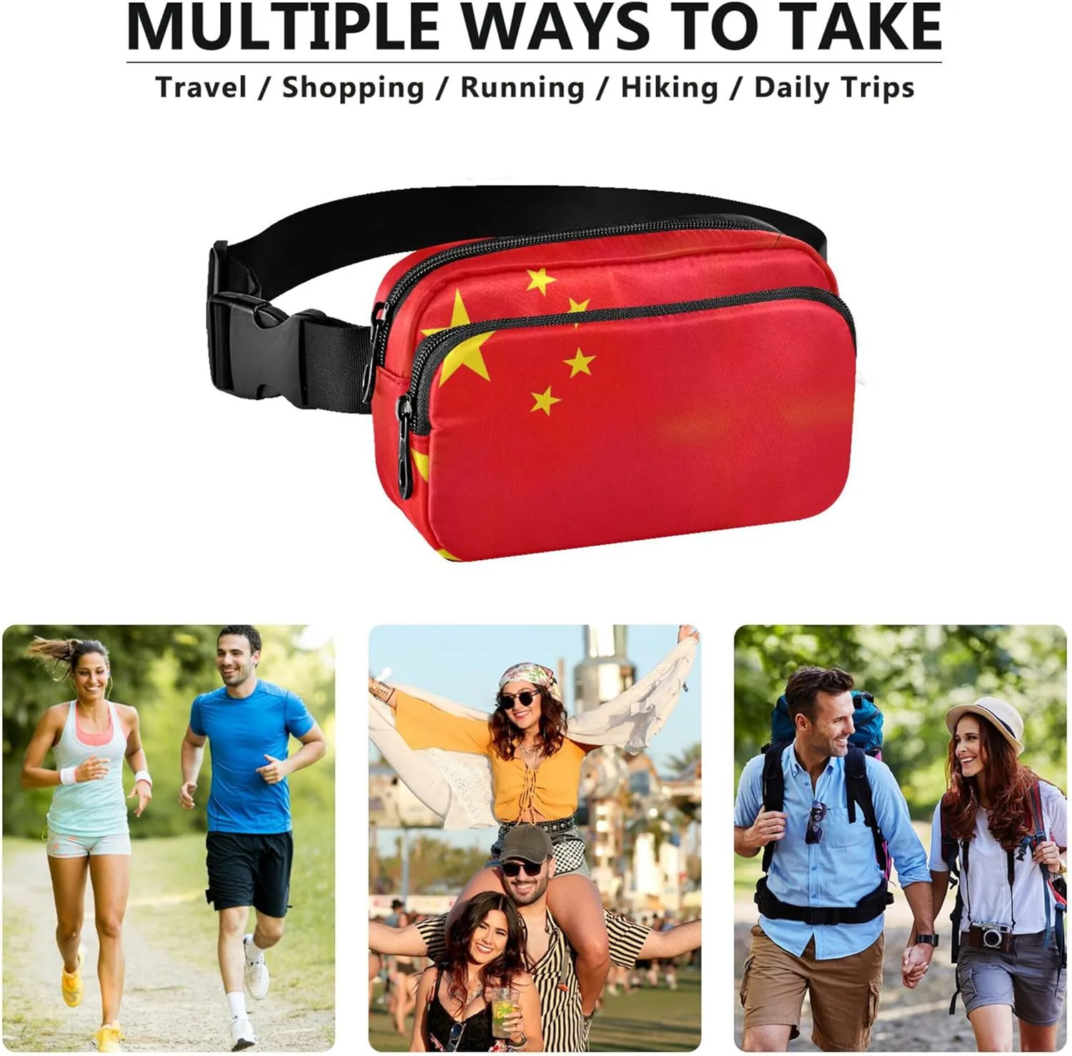 Chinese Five Starred Red Flag Waterproof Womens Fanny Pack Belt Bags Hip Pack Bright Color Crossbody Waist Pack