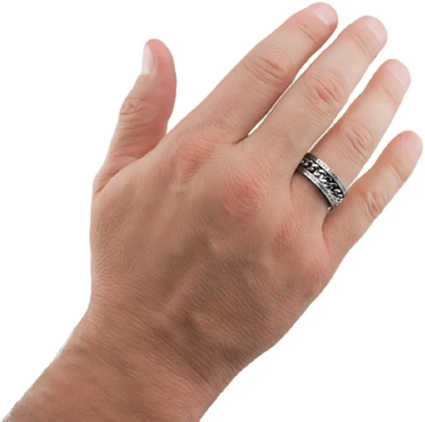 Christian Brushed Stainless Steel Men's Ring with High Polished Stainless Steel Spinning Chain Center and Comfort Fit Band "No Weapon" Armor Of God Isaiah 54:17 and Ephesians 6:11