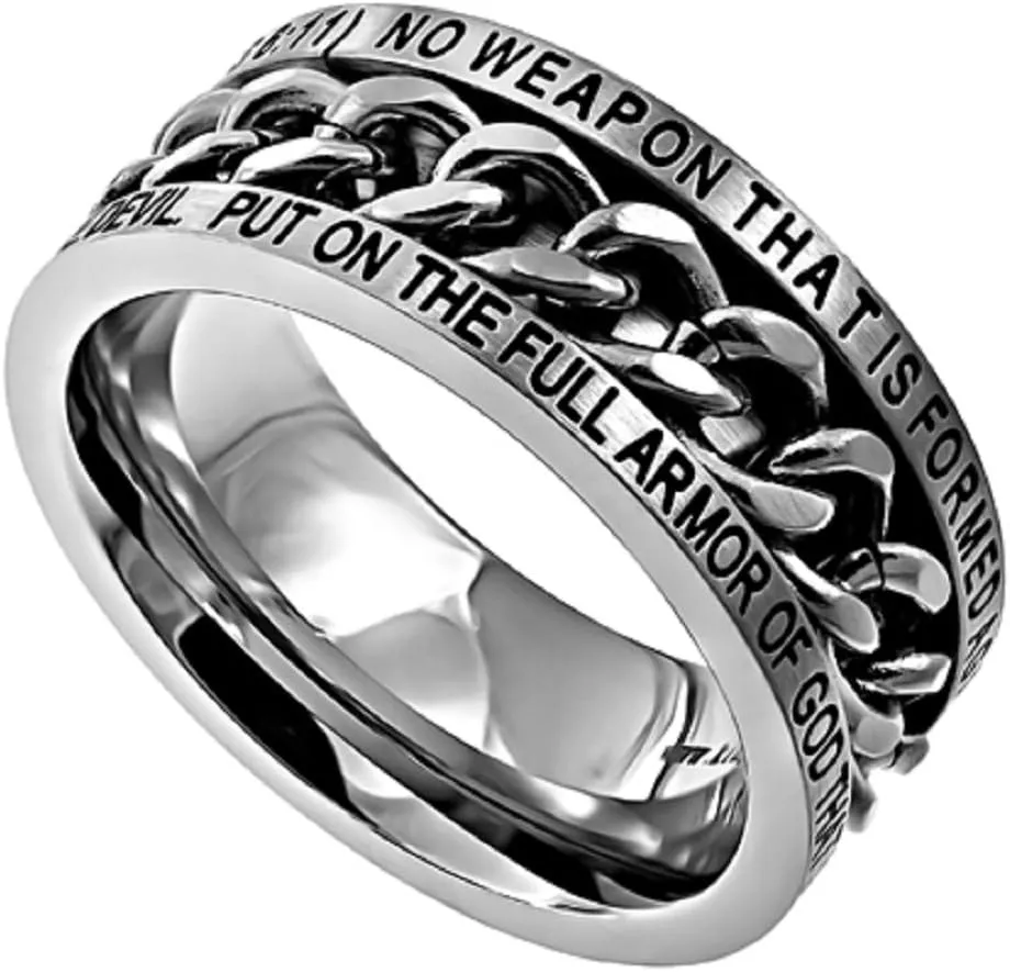 Christian Brushed Stainless Steel Men's Ring with High Polished Stainless Steel Spinning Chain Center and Comfort Fit Band "No Weapon" Armor Of God Isaiah 54:17 and Ephesians 6:11