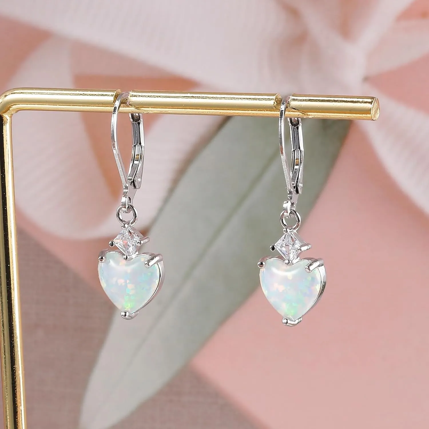 CiNily Heart Opal Earrings Dangle Drop Earrings for Women Trendy Heart Pendant Earrings, CZ Leverback Earrings Opal Jewelry Gifts, 14K White Gold, Rose Gold, Yellow Gold