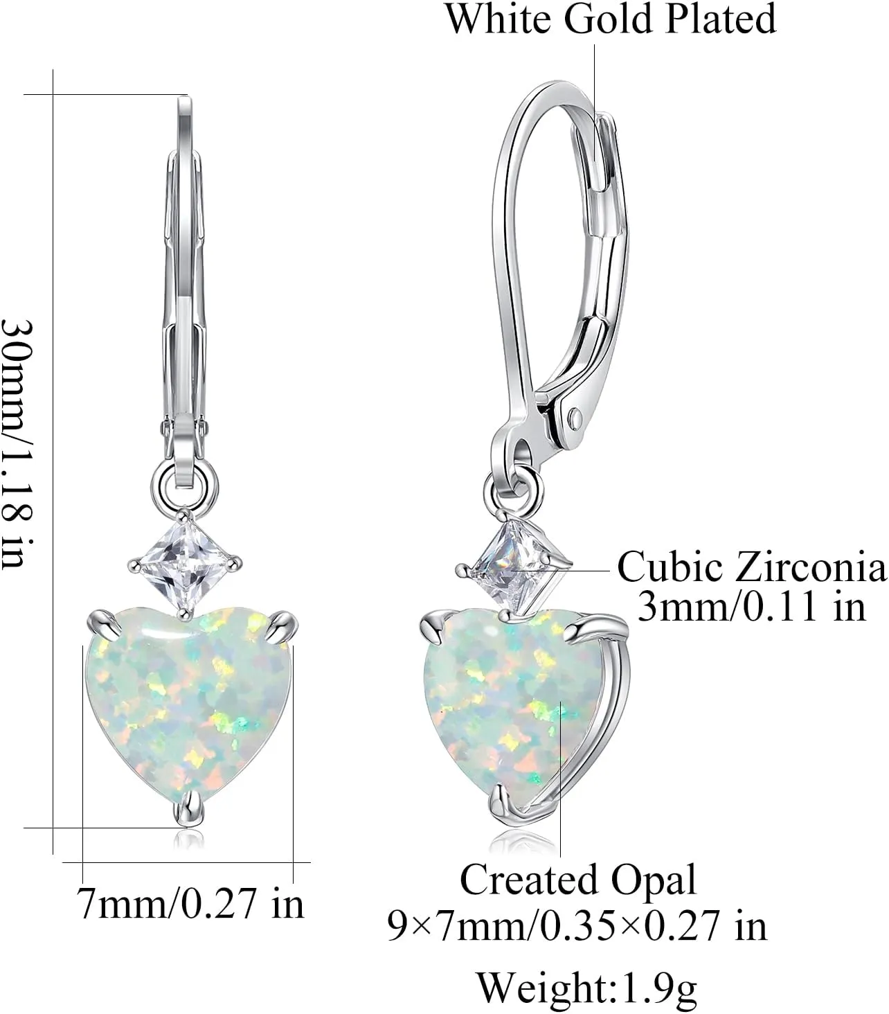 CiNily Heart Opal Earrings Dangle Drop Earrings for Women Trendy Heart Pendant Earrings, CZ Leverback Earrings Opal Jewelry Gifts, 14K White Gold, Rose Gold, Yellow Gold