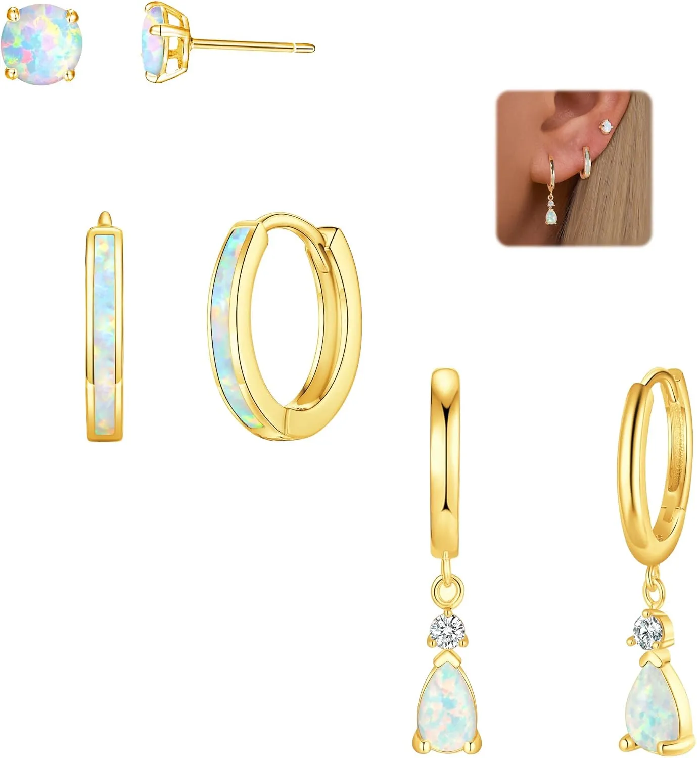 CiNily Opal Earrings Set for Women Hypoallergenic, Opal Stud Huggie Hoop Earrings Silver/Rose Gold Plated Dainty Hoop Huggie Silver Dangle Earring Stacks, Gold Jewelry