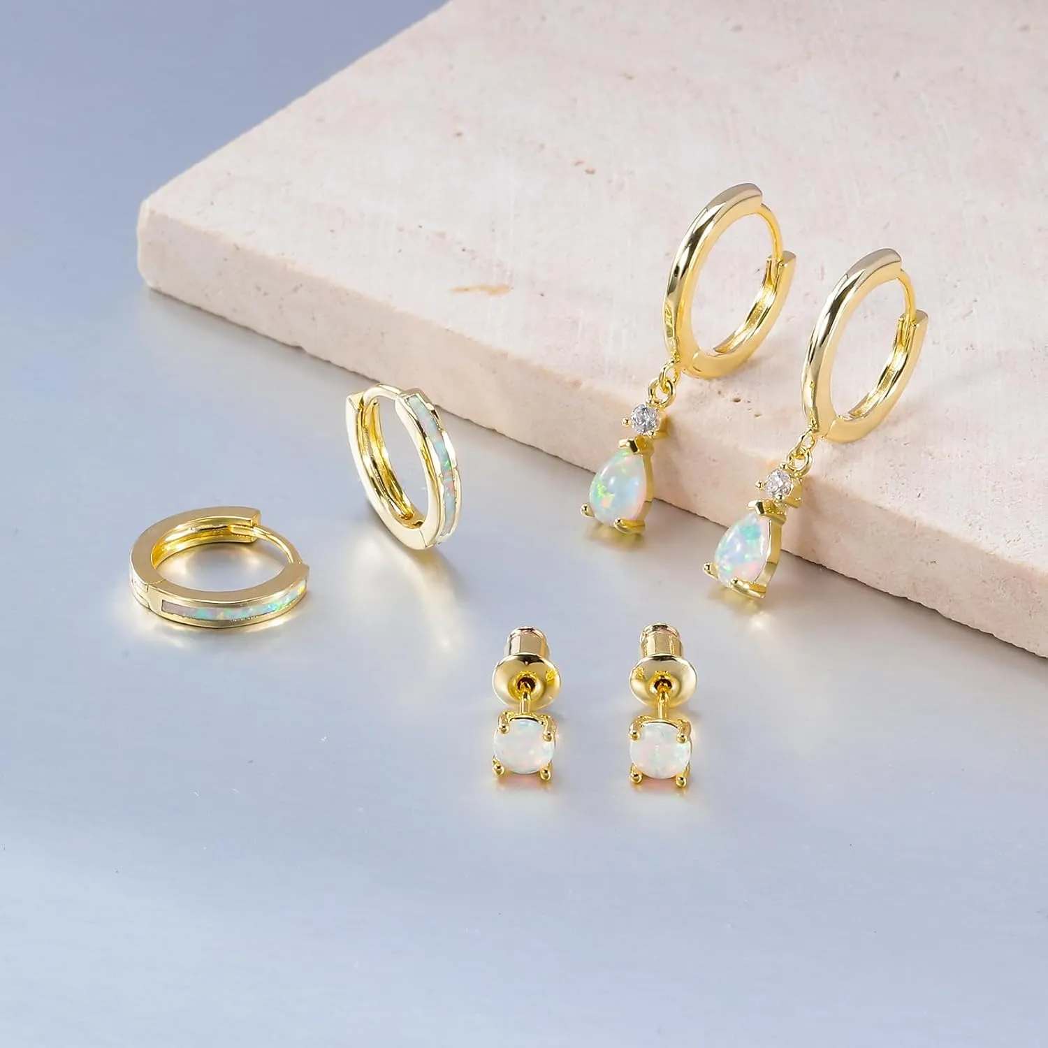 CiNily Opal Earrings Set for Women Hypoallergenic, Opal Stud Huggie Hoop Earrings Silver/Rose Gold Plated Dainty Hoop Huggie Silver Dangle Earring Stacks, Gold Jewelry