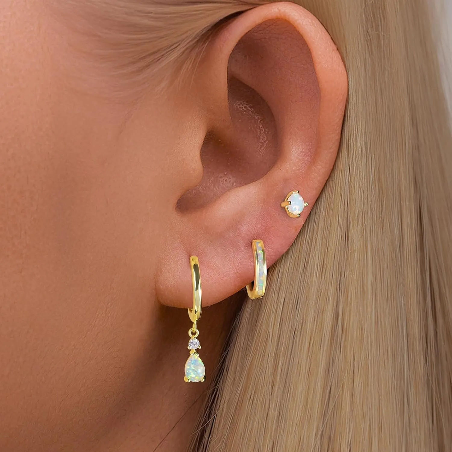 CiNily Opal Earrings Set for Women Hypoallergenic, Opal Stud Huggie Hoop Earrings Silver/Rose Gold Plated Dainty Hoop Huggie Silver Dangle Earring Stacks, Gold Jewelry