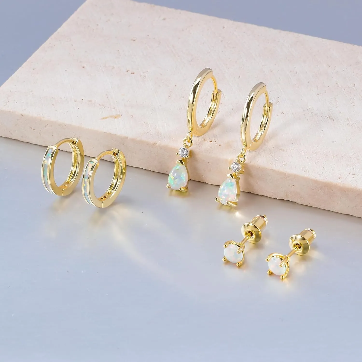 CiNily Opal Earrings Set for Women Hypoallergenic, Opal Stud Huggie Hoop Earrings Silver/Rose Gold Plated Dainty Hoop Huggie Silver Dangle Earring Stacks, Gold Jewelry