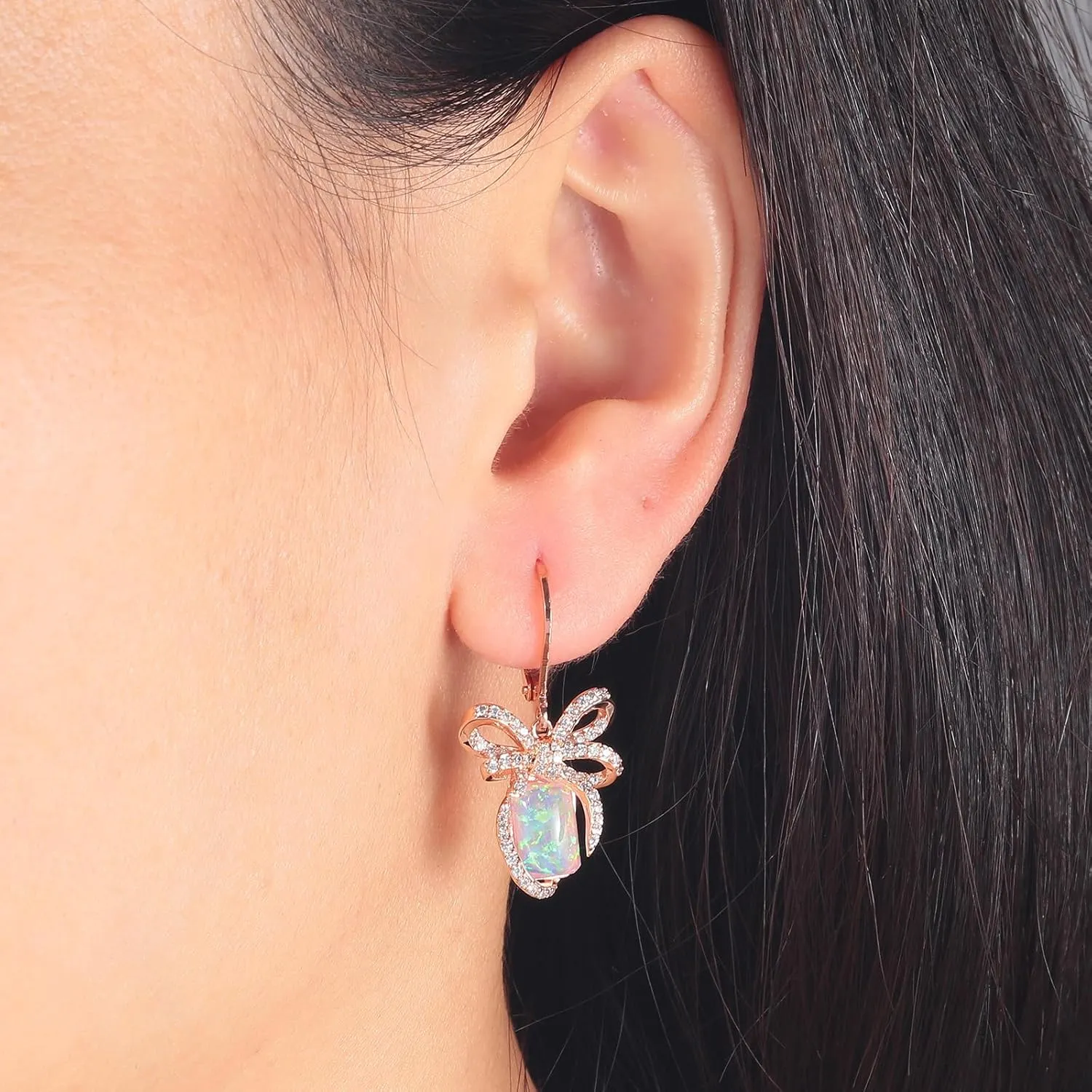 CiNily Opal Leverback Earrings for Women Bow Dangle Earrings, Bow Earings | Ribbon Earrings | Bow Tie Drop Earrings Jewelry for Christmas Wedding Statement Party Daily, 14K White Gold | Rose Gold
