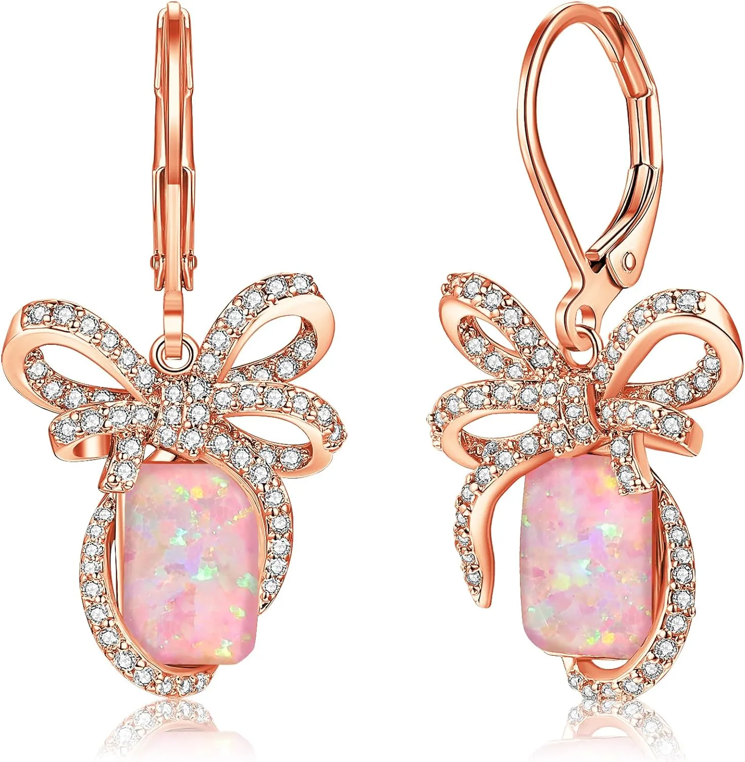 CiNily Opal Leverback Earrings for Women Bow Dangle Earrings, Bow Earings | Ribbon Earrings | Bow Tie Drop Earrings Jewelry for Christmas Wedding Statement Party Daily, 14K White Gold | Rose Gold