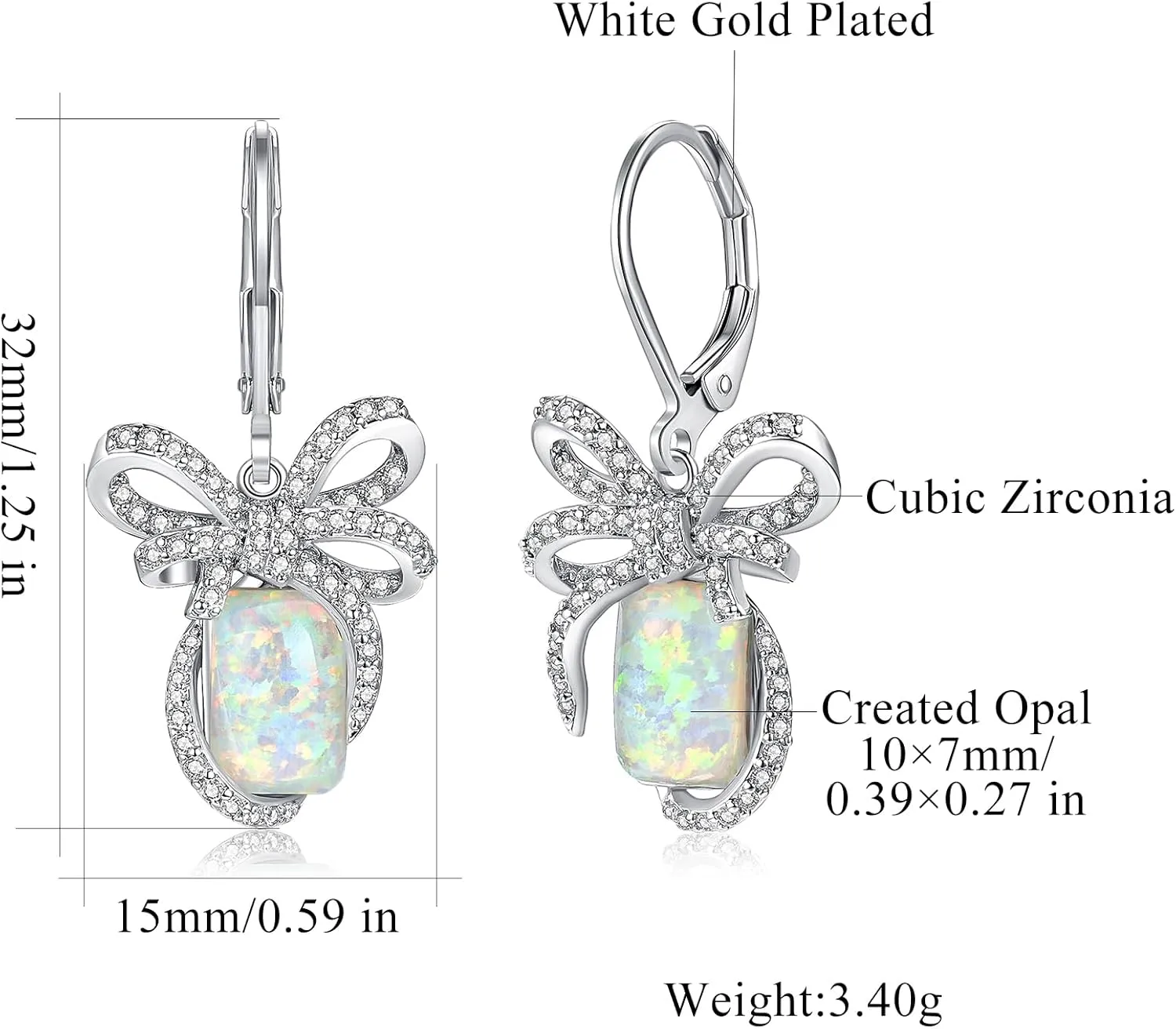 CiNily Opal Leverback Earrings for Women Bow Dangle Earrings, Bow Earings | Ribbon Earrings | Bow Tie Drop Earrings Jewelry for Christmas Wedding Statement Party Daily, 14K White Gold | Rose Gold
