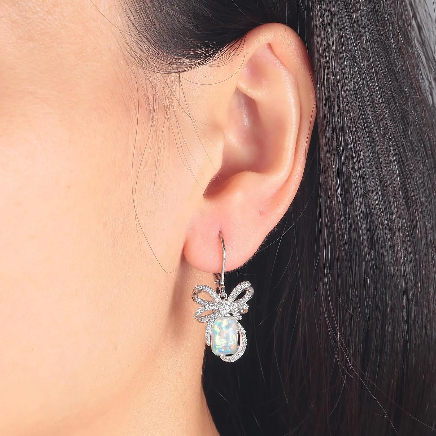 CiNily Opal Leverback Earrings for Women Bow Dangle Earrings, Bow Earings | Ribbon Earrings | Bow Tie Drop Earrings Jewelry for Christmas Wedding Statement Party Daily, 14K White Gold | Rose Gold