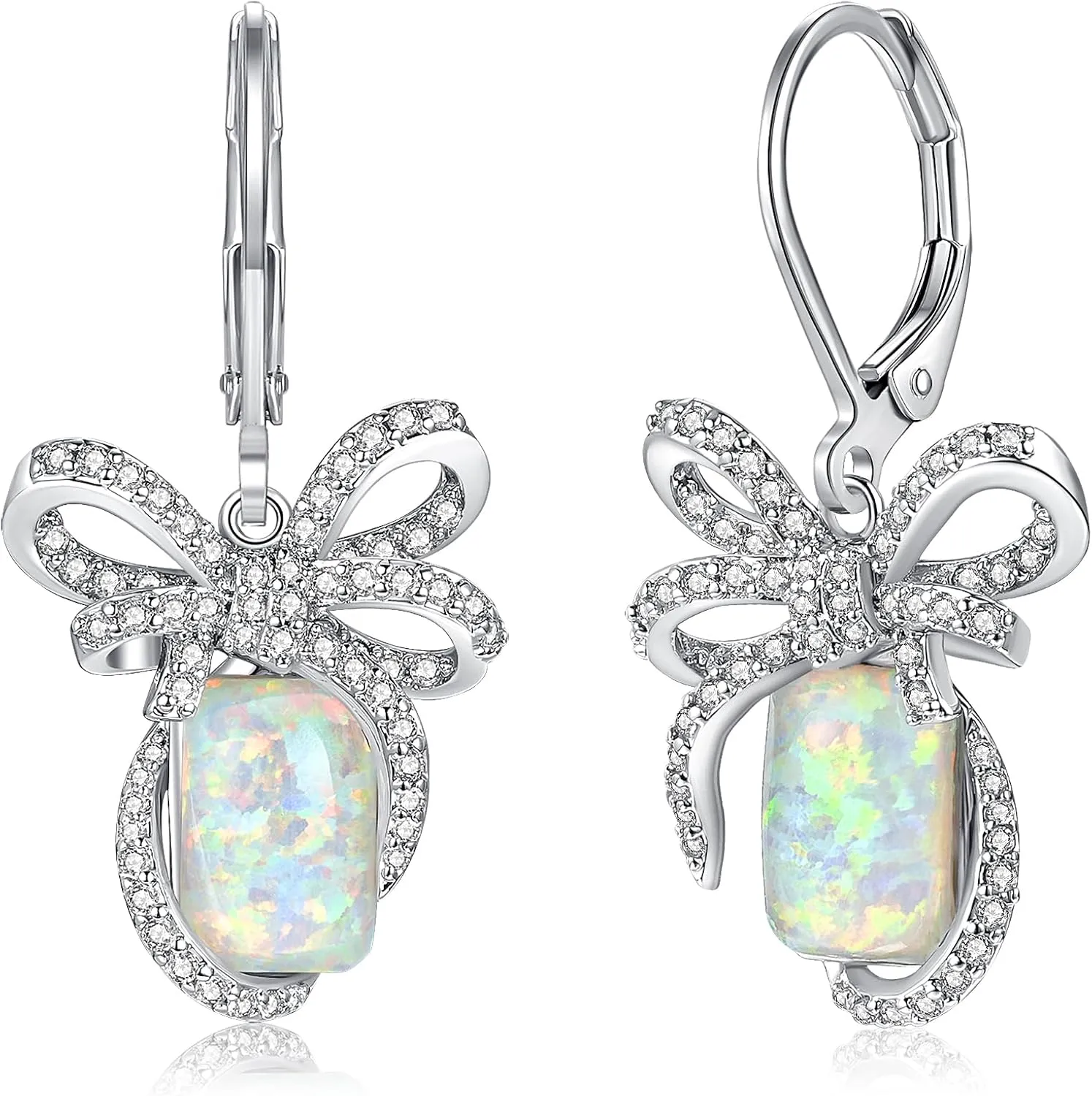 CiNily Opal Leverback Earrings for Women Bow Dangle Earrings, Bow Earings | Ribbon Earrings | Bow Tie Drop Earrings Jewelry for Christmas Wedding Statement Party Daily, 14K White Gold | Rose Gold