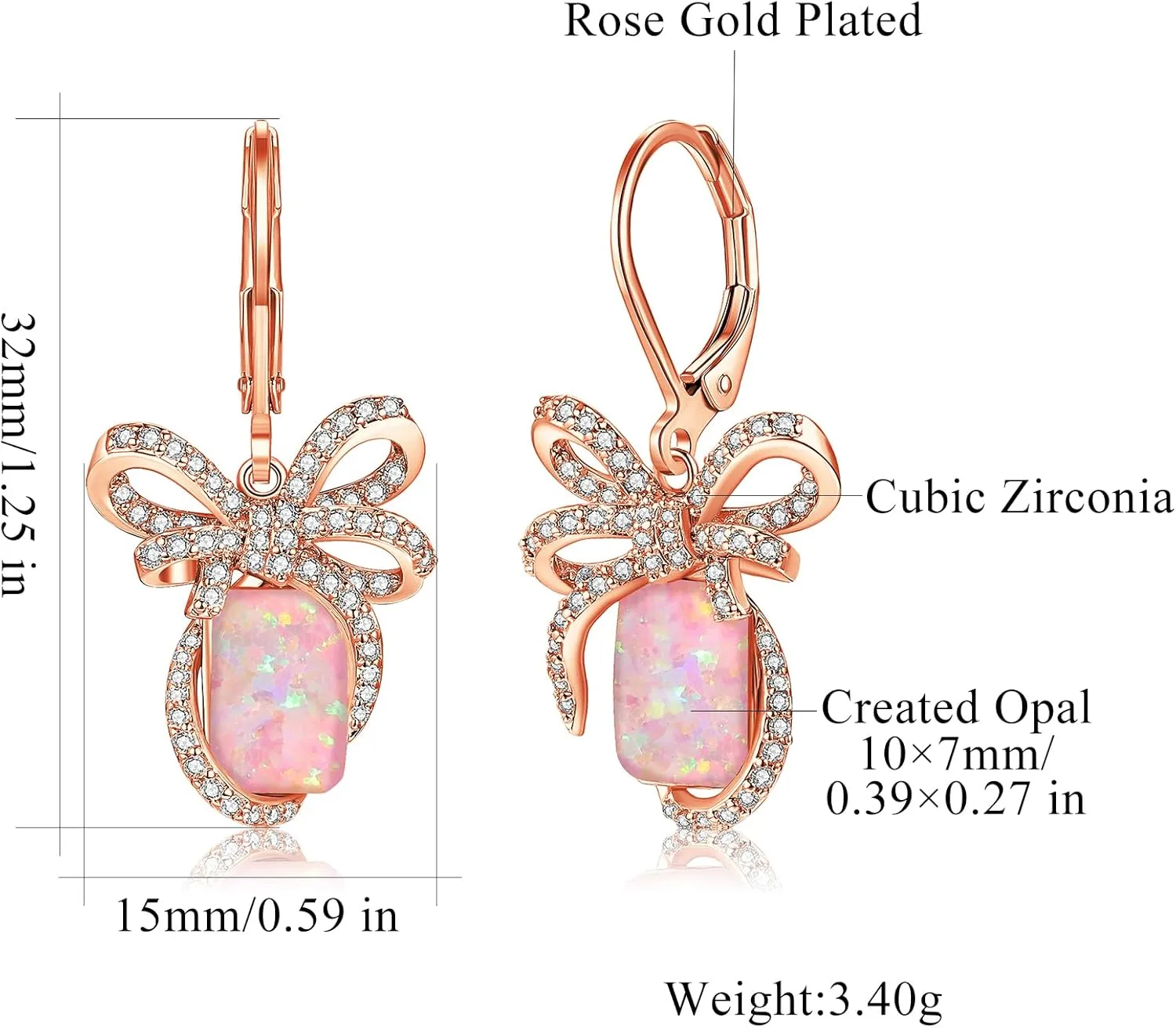 CiNily Opal Leverback Earrings for Women Bow Dangle Earrings, Bow Earings | Ribbon Earrings | Bow Tie Drop Earrings Jewelry for Christmas Wedding Statement Party Daily, 14K White Gold | Rose Gold