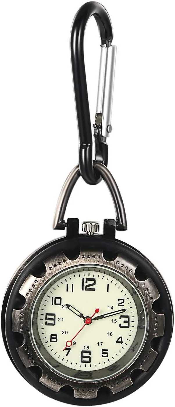 Clip-on Quartz Fob Watch: Men Women Ancient Silver Round Waterproof Luminous Dial Backpack Belt Clip Carabiner Night Pocket Watches