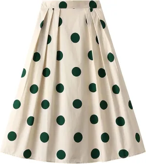 Contrast Color Swing Skirt Summer Fashion Midi Skirts Women High Waisted A Line Mid Length Polka Dot Pleated Midi Skirt Khaki