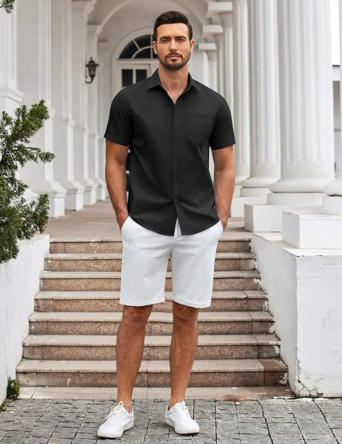 COOFANDY Mens Casual Button Down Shirts Short Sleeve Summer Untucked Dress Shirt with Pocket
