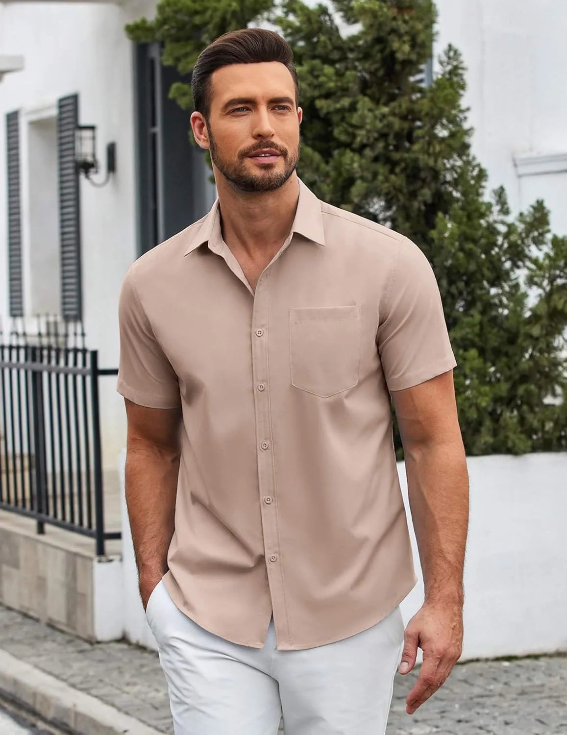 COOFANDY Mens Casual Button Down Shirts Short Sleeve Summer Untucked Dress Shirt with Pocket