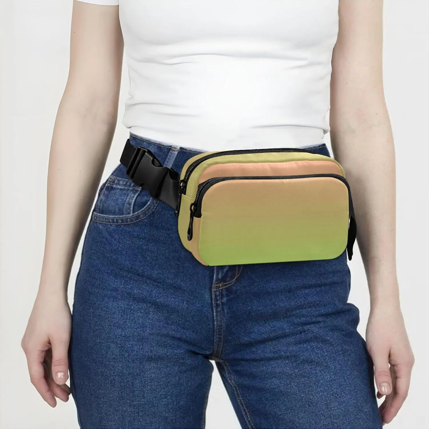 Coral Pink Grass Green Gradient Womens Fanny Pack Hiking Hip Pouch Belt Bag Waterproof Travel Waist Pouch