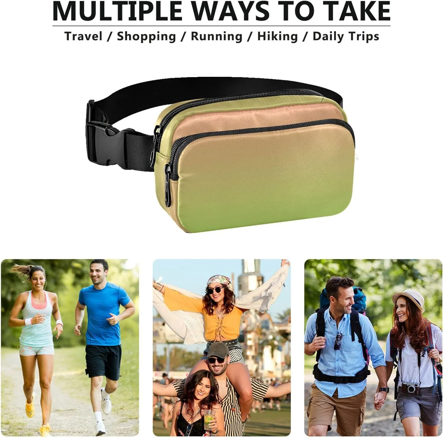 Coral Pink Grass Green Gradient Womens Fanny Pack Hiking Hip Pouch Belt Bag Waterproof Travel Waist Pouch