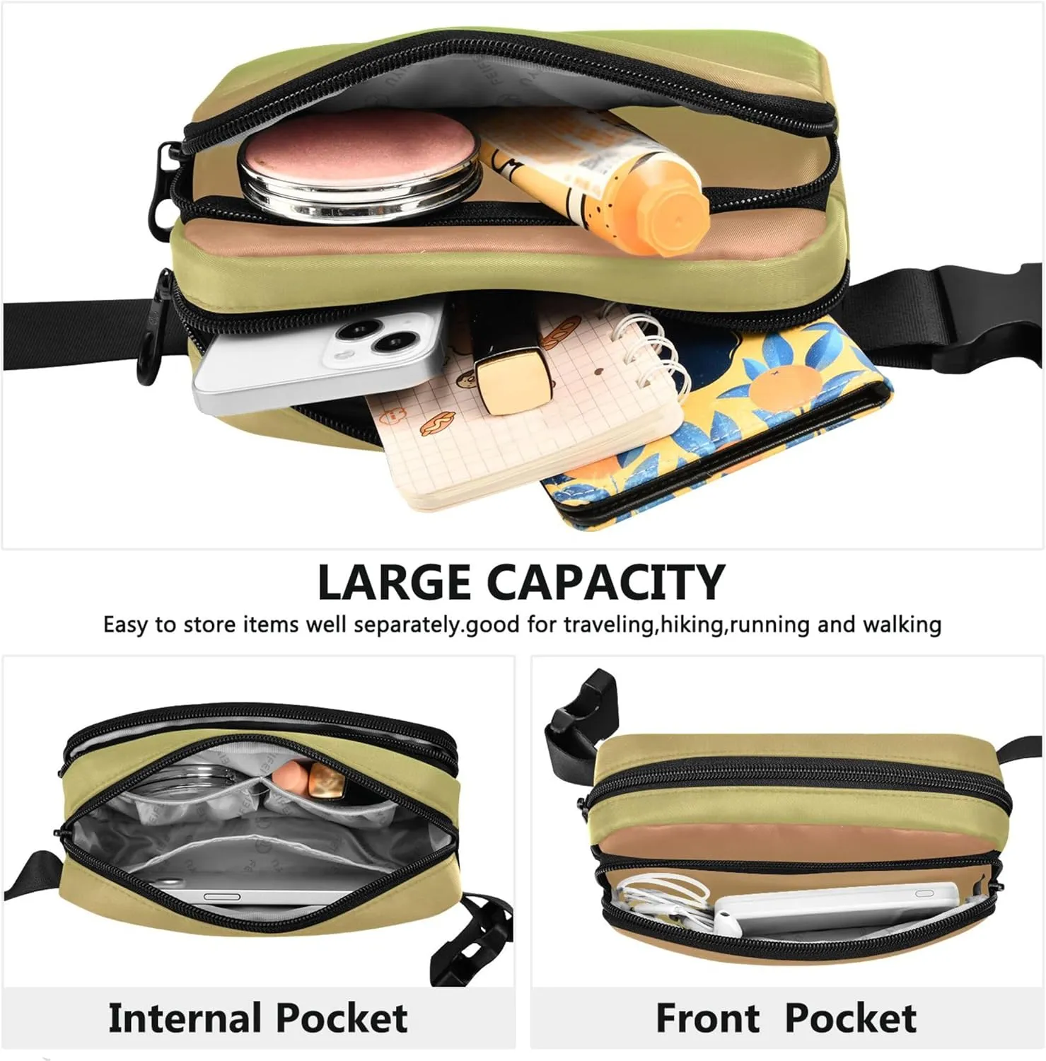 Coral Pink Grass Green Gradient Womens Fanny Pack Hiking Hip Pouch Belt Bag Waterproof Travel Waist Pouch