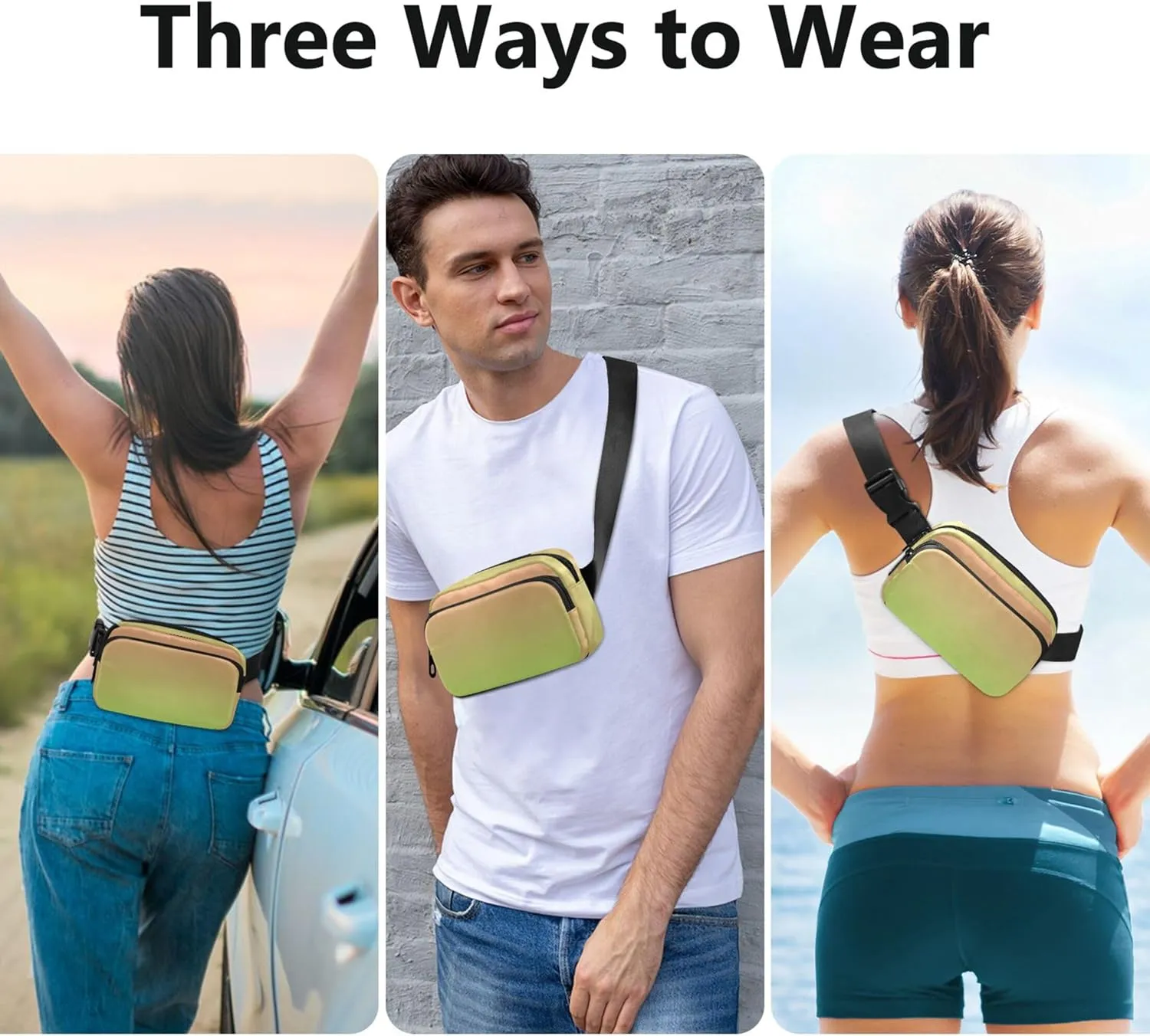 Coral Pink Grass Green Gradient Womens Fanny Pack Hiking Hip Pouch Belt Bag Waterproof Travel Waist Pouch