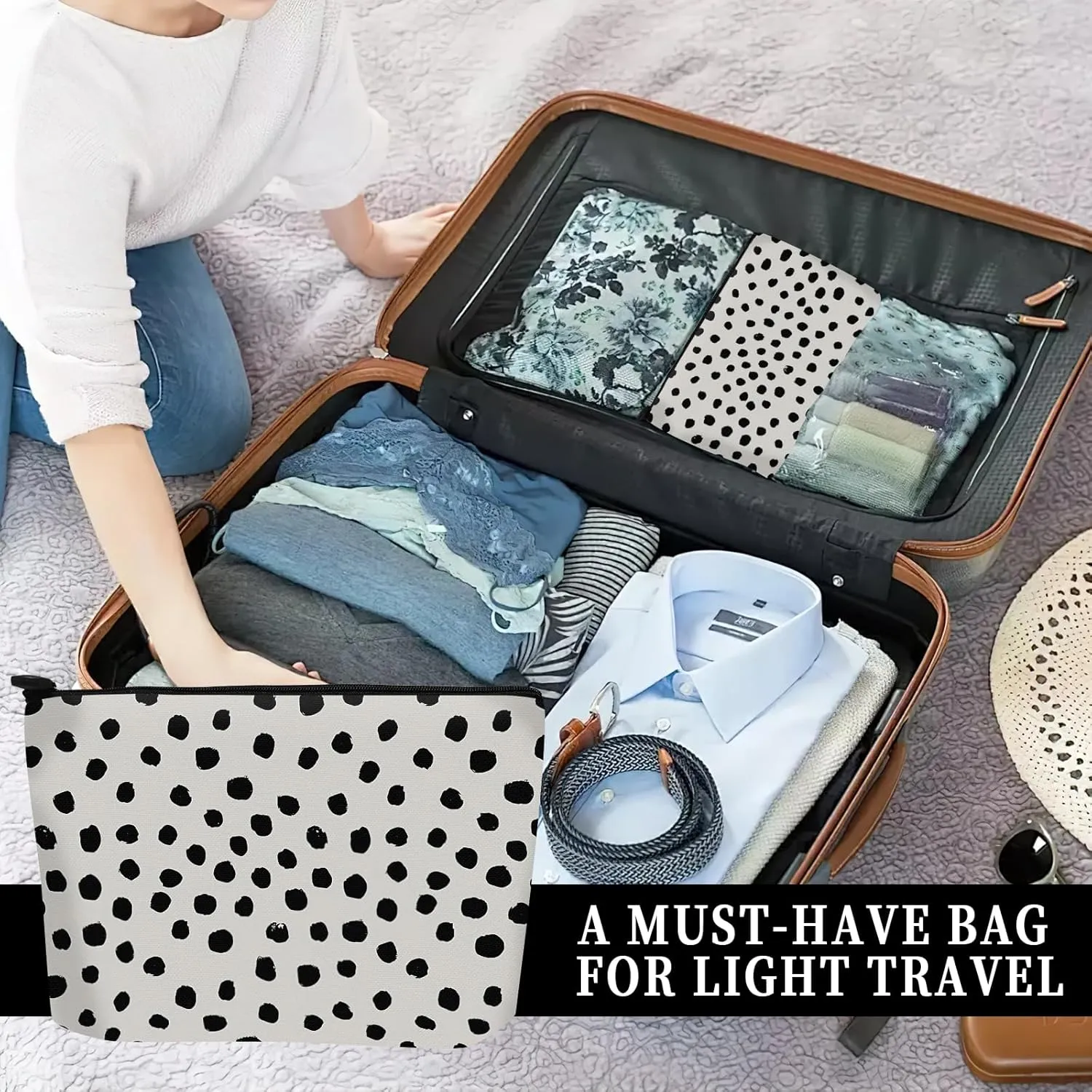 Cosmetic Bag Makeup Bag, Birthday Gifts for Women Mom, Cute Canvas Toiletry Bag, Durable Travel Toiletry Makeup Organizer Zipper Pouch, Lipstick Pouch, Cute Black Polka Dot