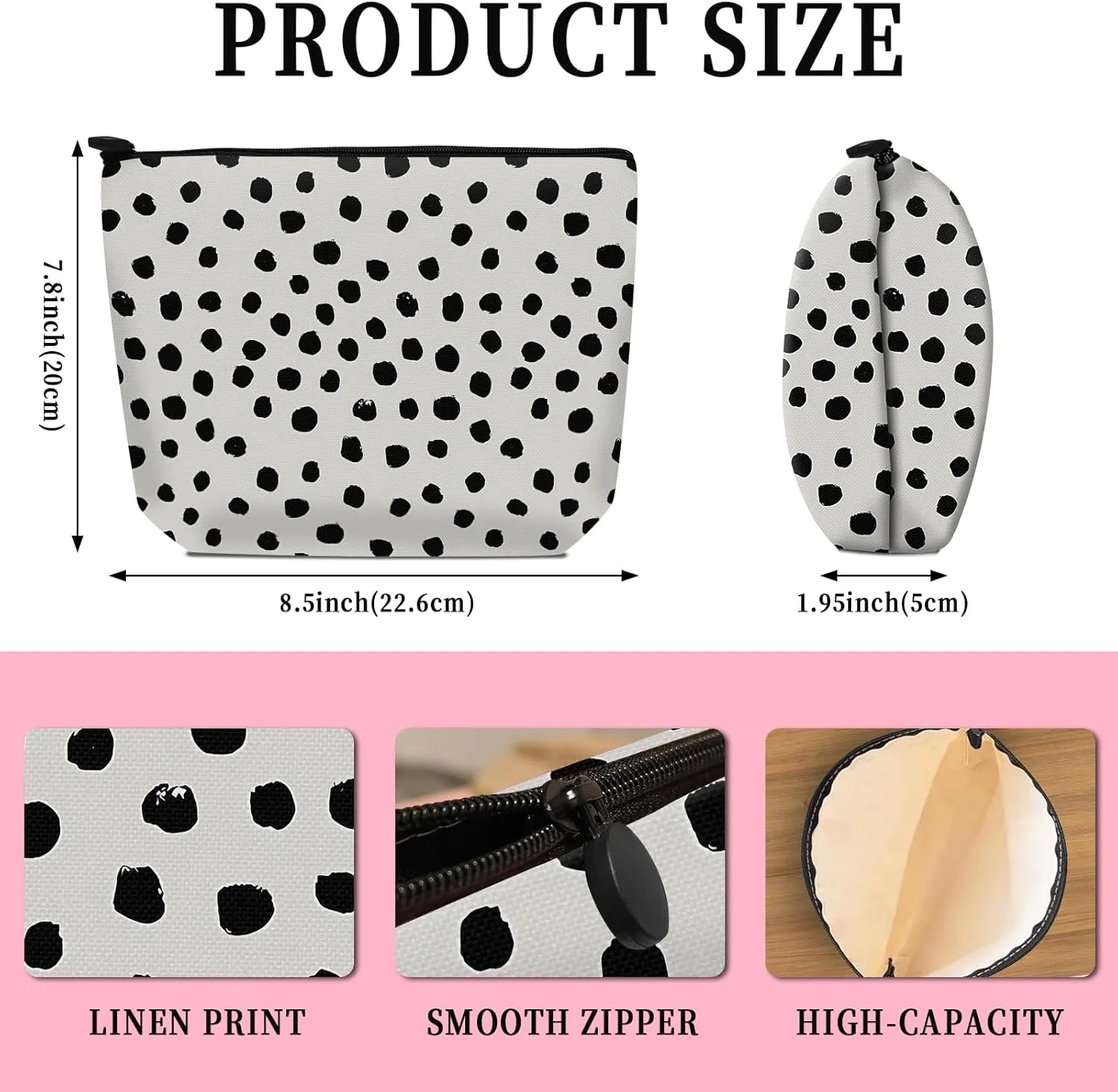 Cosmetic Bag Makeup Bag, Birthday Gifts for Women Mom, Cute Canvas Toiletry Bag, Durable Travel Toiletry Makeup Organizer Zipper Pouch, Lipstick Pouch, Cute Black Polka Dot