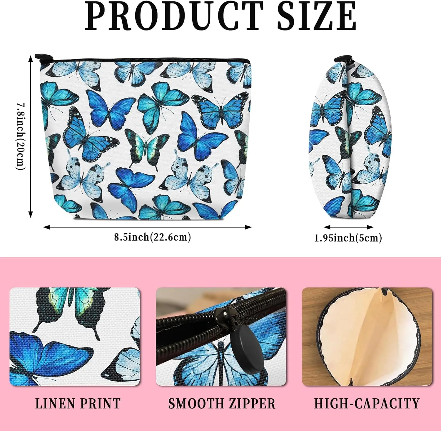 Cosmetic Bag Makeup Bag, Birthday Gifts for Women Mom, Cute Canvas Toiletry Bag, Durable Travel Toiletry Makeup Organizer Zipper Pouch, Lipstick Pouch, Cute Butterfly