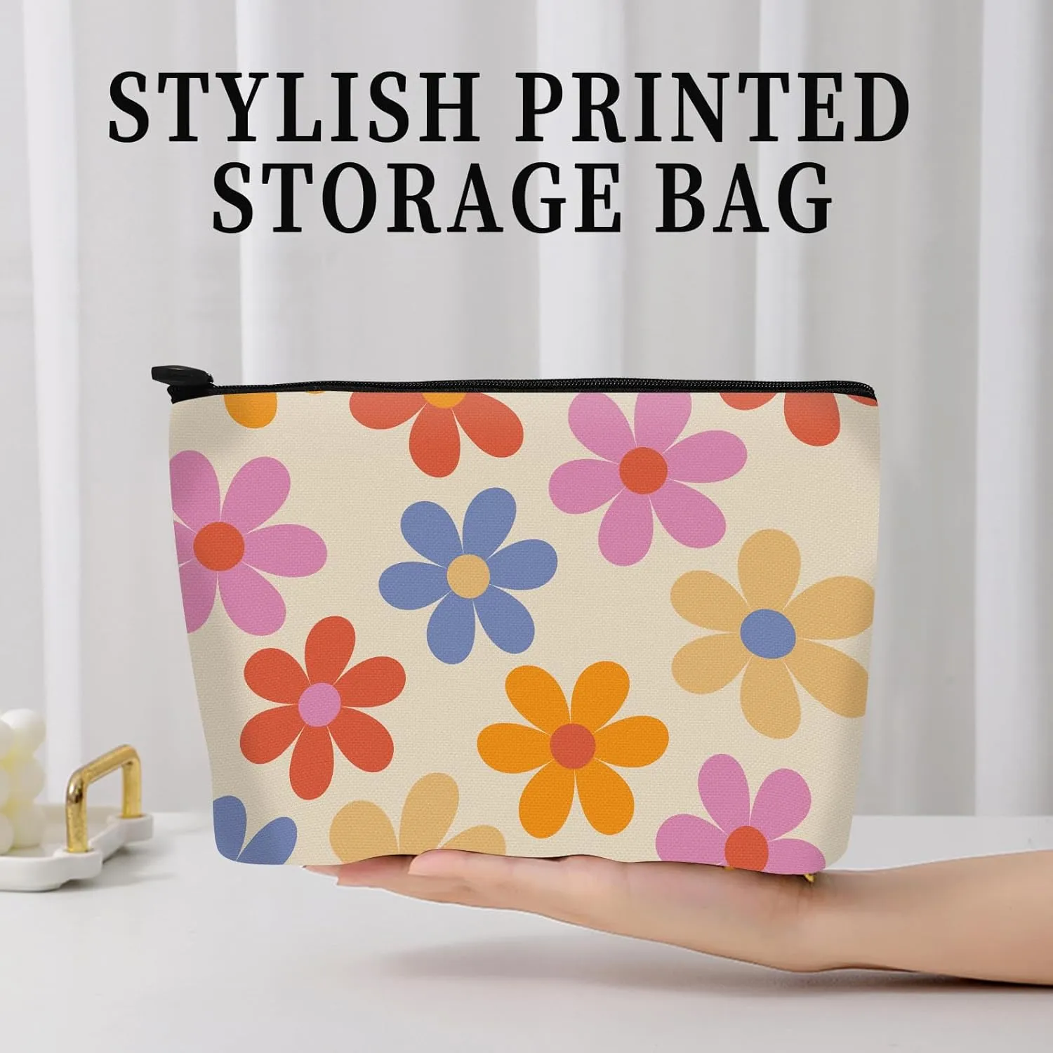 Cosmetic Bag Makeup Bag, Birthday Gifts for Women Mom, Cute Canvas Toiletry Bag, Durable Travel Toiletry Makeup Organizer Zipper Pouch, Lipstick Pouch, Cute Colorful Daisy