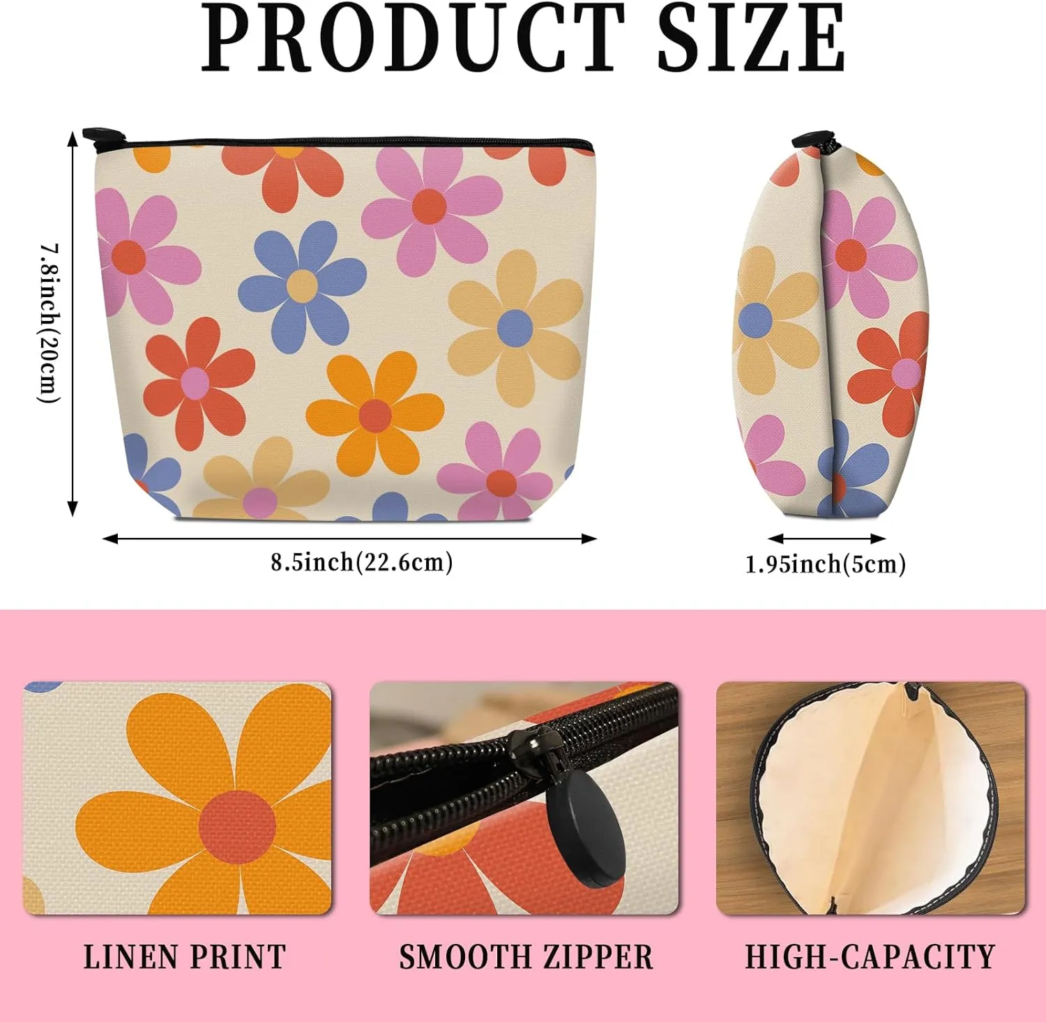 Cosmetic Bag Makeup Bag, Birthday Gifts for Women Mom, Cute Canvas Toiletry Bag, Durable Travel Toiletry Makeup Organizer Zipper Pouch, Lipstick Pouch, Cute Colorful Daisy