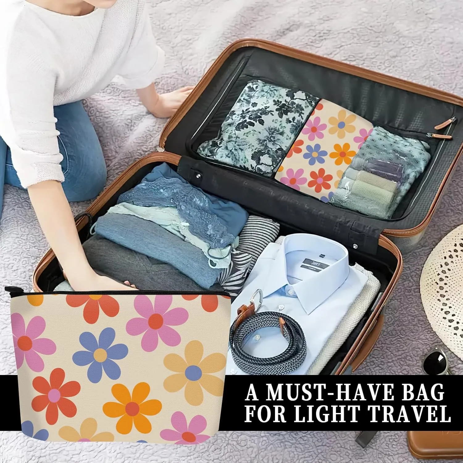 Cosmetic Bag Makeup Bag, Birthday Gifts for Women Mom, Cute Canvas Toiletry Bag, Durable Travel Toiletry Makeup Organizer Zipper Pouch, Lipstick Pouch, Cute Colorful Daisy