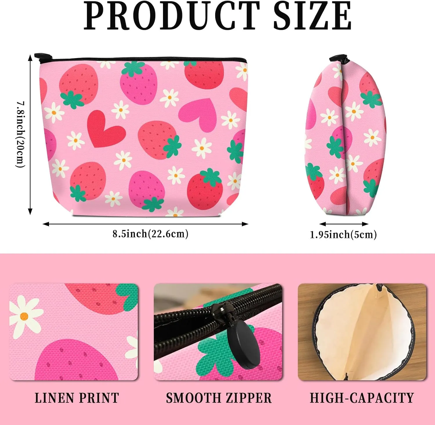 Cosmetic Bag Makeup Bag, Birthday Gifts for Women Mom, Cute Canvas Toiletry Bag, Durable Travel Toiletry Makeup Organizer Zipper Pouch, Lipstick Pouch, Cute Strawberry