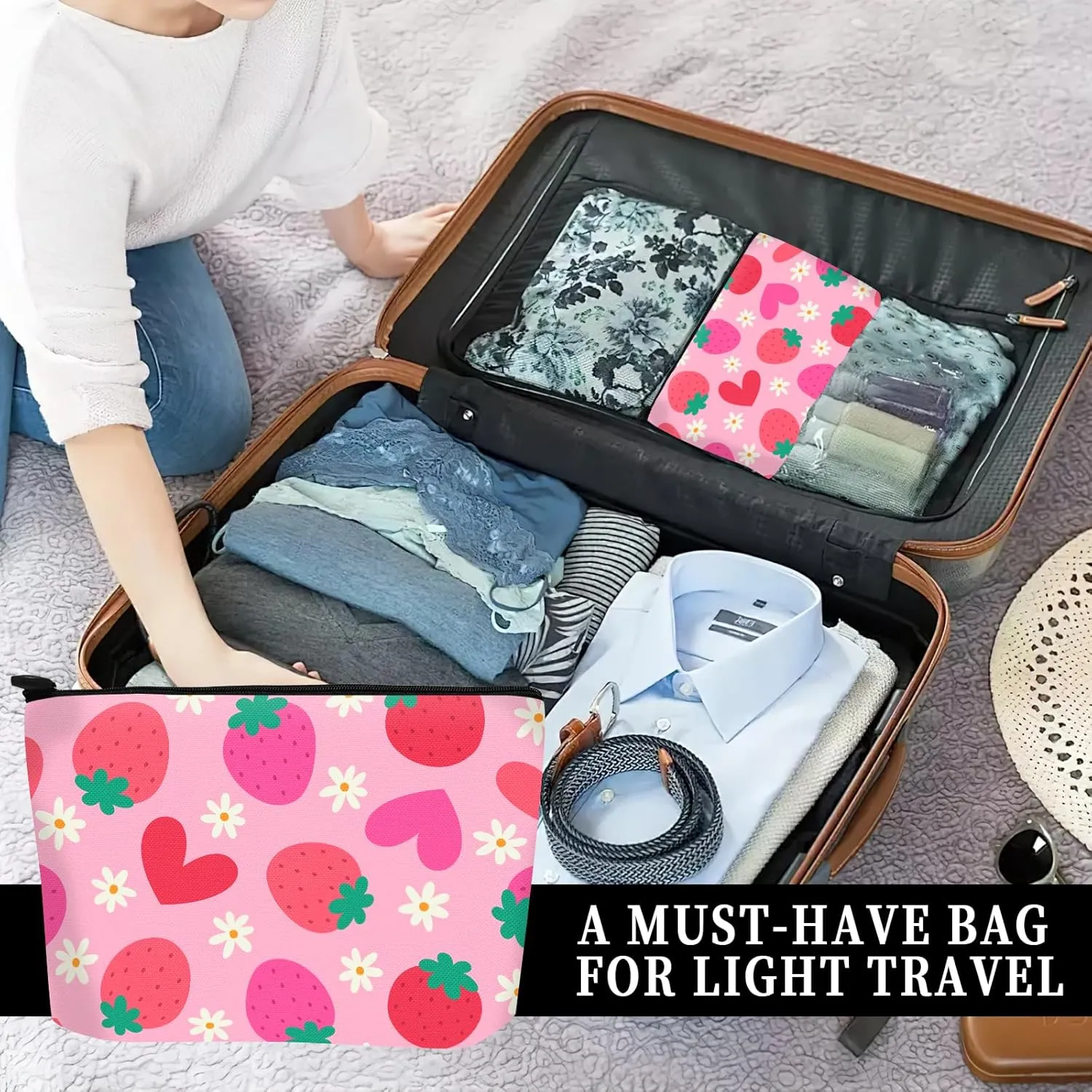 Cosmetic Bag Makeup Bag, Birthday Gifts for Women Mom, Cute Canvas Toiletry Bag, Durable Travel Toiletry Makeup Organizer Zipper Pouch, Lipstick Pouch, Cute Strawberry