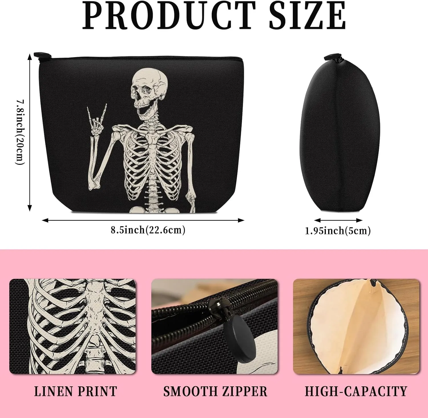 Cosmetic Bag Makeup Bag, Birthday Gifts for Women Mom, Cute Canvas Toiletry Bag, Durable Travel Toiletry Makeup Organizer Zipper Pouch, Lipstick Pouch, Funny Cool Skull