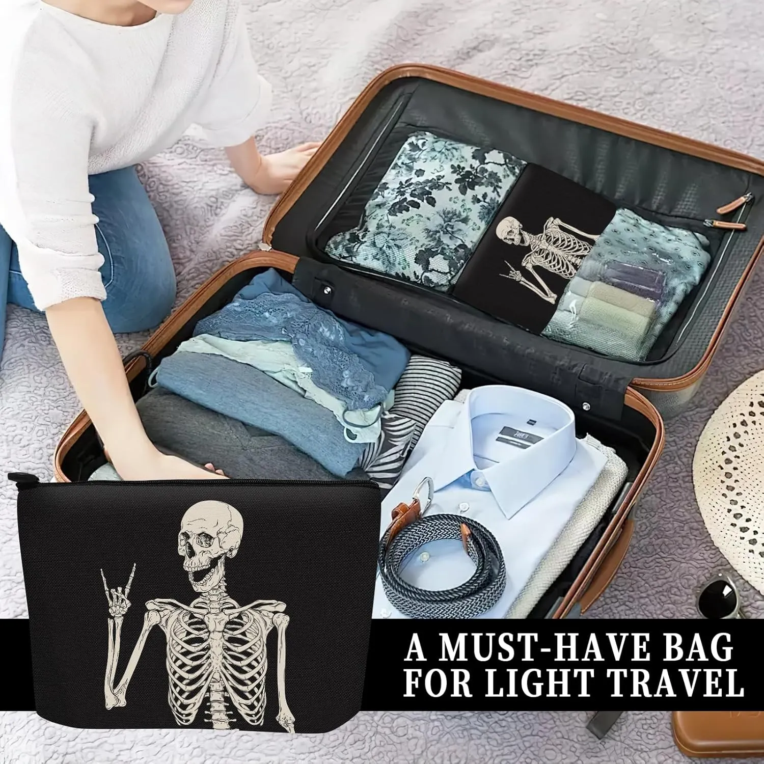Cosmetic Bag Makeup Bag, Birthday Gifts for Women Mom, Cute Canvas Toiletry Bag, Durable Travel Toiletry Makeup Organizer Zipper Pouch, Lipstick Pouch, Funny Cool Skull