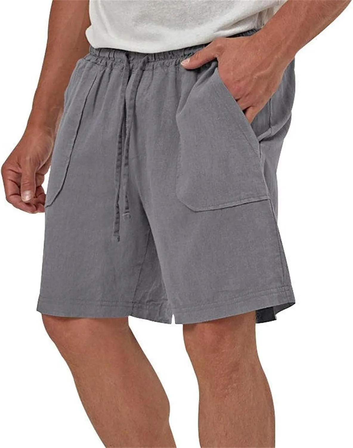 Cotton Linen Shorts for Men Elastic Waist Drawstring Summer Beach Shorts with Pockets Athletic Fit Lightweight Workout Shorts