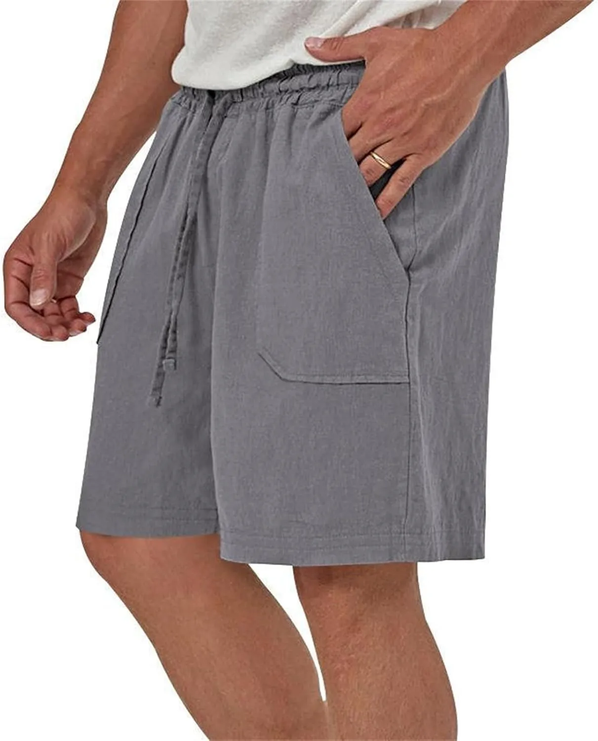 Cotton Linen Shorts for Men Elastic Waist Drawstring Summer Beach Shorts with Pockets Athletic Fit Lightweight Workout Shorts