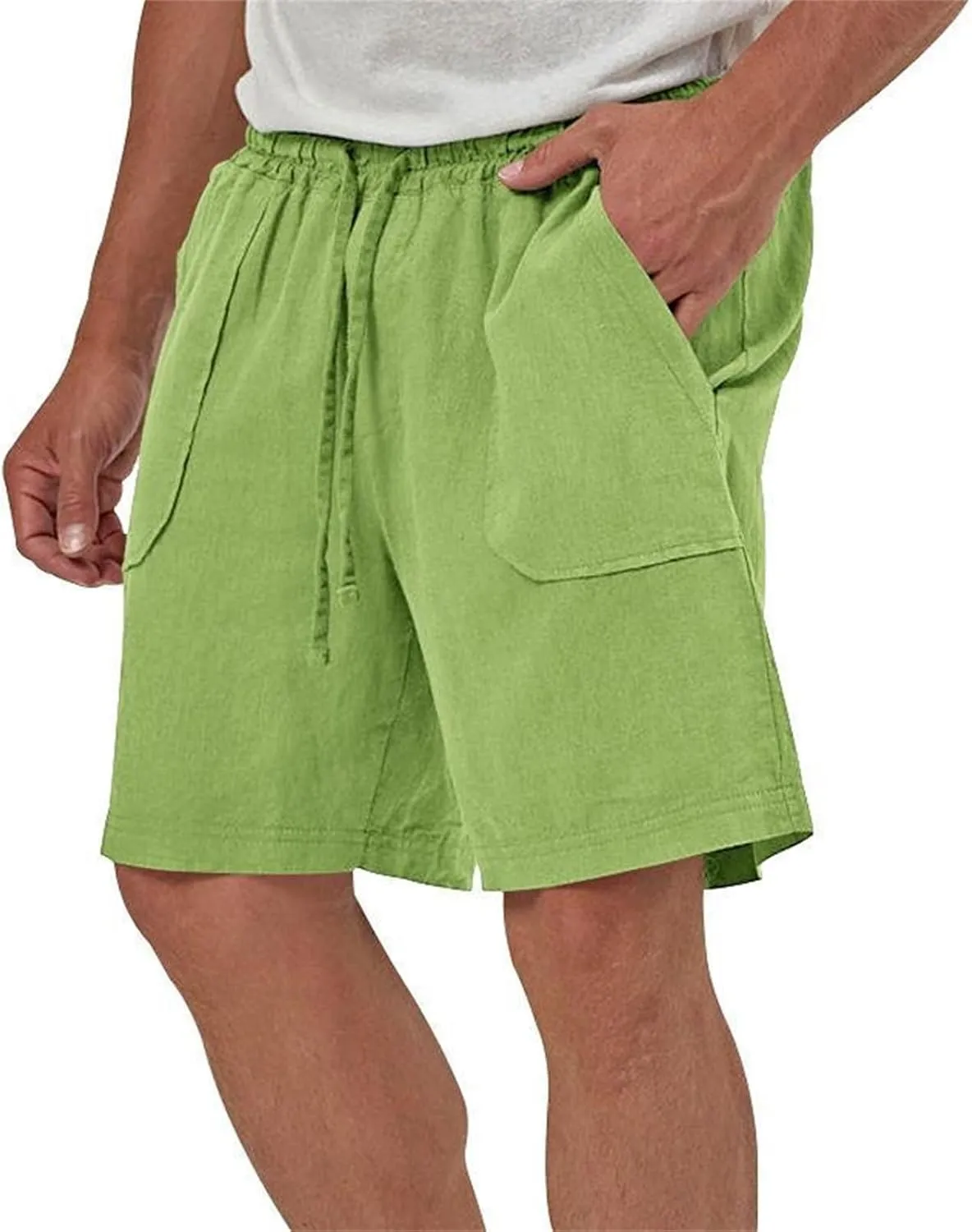 Cotton Linen Shorts for Men Elastic Waist Drawstring Summer Beach Shorts with Pockets Athletic Fit Lightweight Workout Shorts