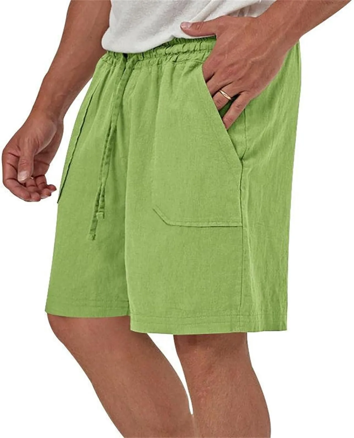 Cotton Linen Shorts for Men Elastic Waist Drawstring Summer Beach Shorts with Pockets Athletic Fit Lightweight Workout Shorts