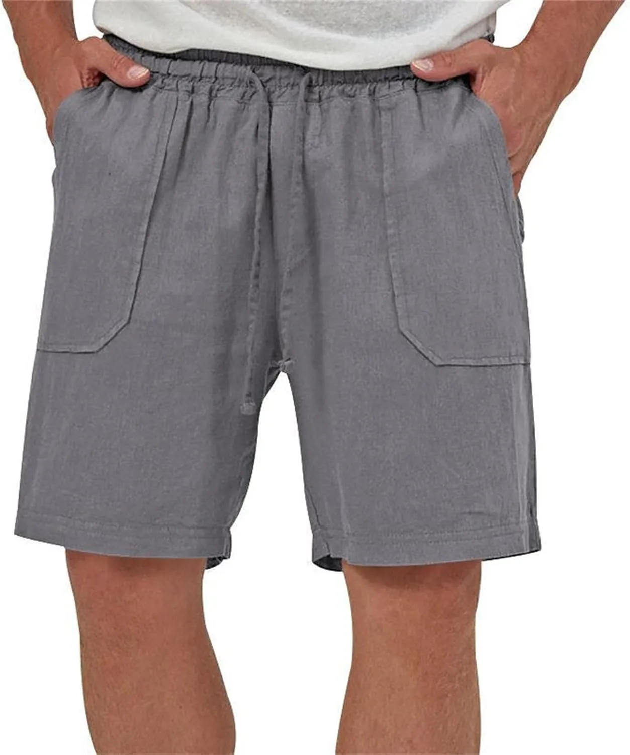 Cotton Linen Shorts for Men Elastic Waist Drawstring Summer Beach Shorts with Pockets Athletic Fit Lightweight Workout Shorts