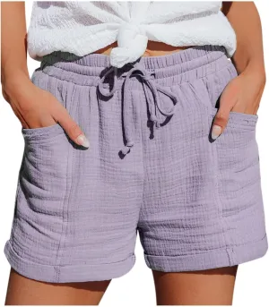 Cotton Linen Shorts for Women Drawstring Elastic High Waist Casual Summer Shorts Lightweight Baggy Comfy Shorts with Pockets