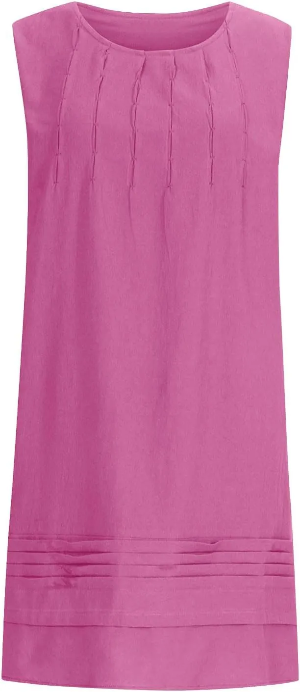 Cotton Linen Tank Dresses for Women Pleated Summer Crewneck Sleeveless Casual Mini Dress Beach Vacation Sundress