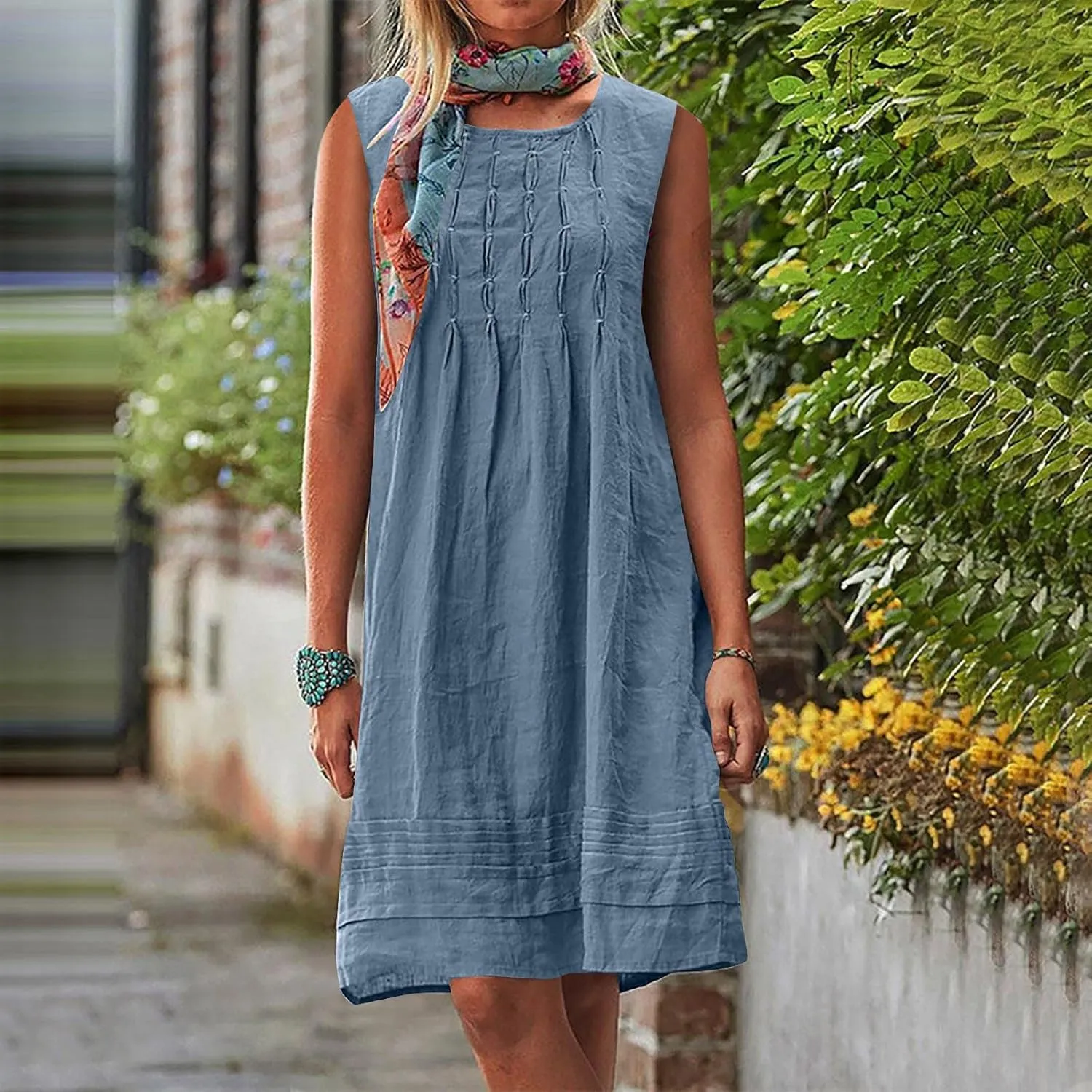 Cotton Linen Tank Dresses for Women Pleated Summer Crewneck Sleeveless Casual Mini Dress Beach Vacation Sundress